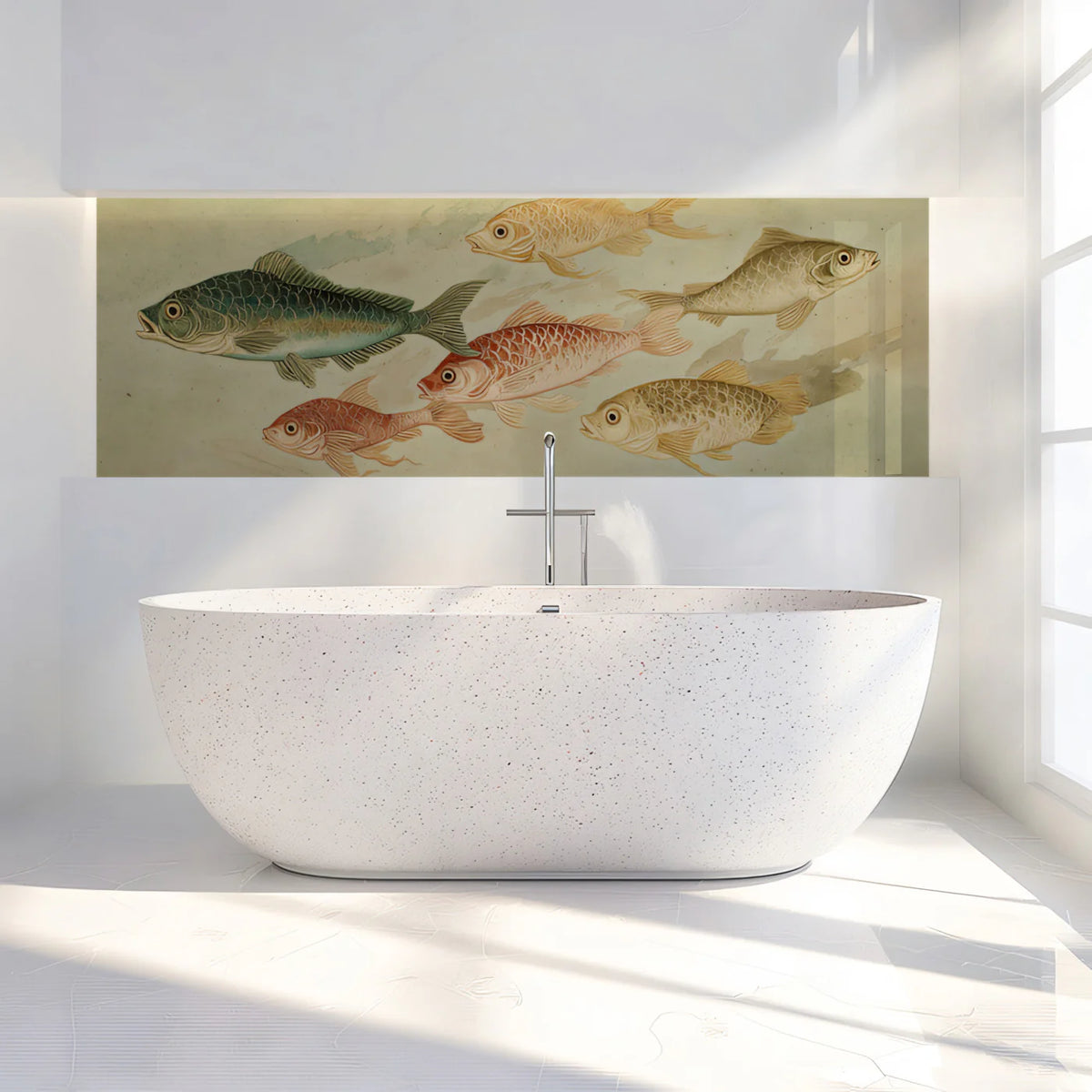 Vintage Shoal of Fish Mural Wallpaper — Artistic Marine Illustration Mural Wallpaper - room preview 03