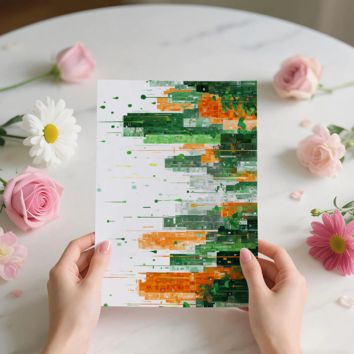 Eco-Cityscape Mural Wallpaper — Abstract Green and Orange Urban Art Mural Wallpaper - room preview 03