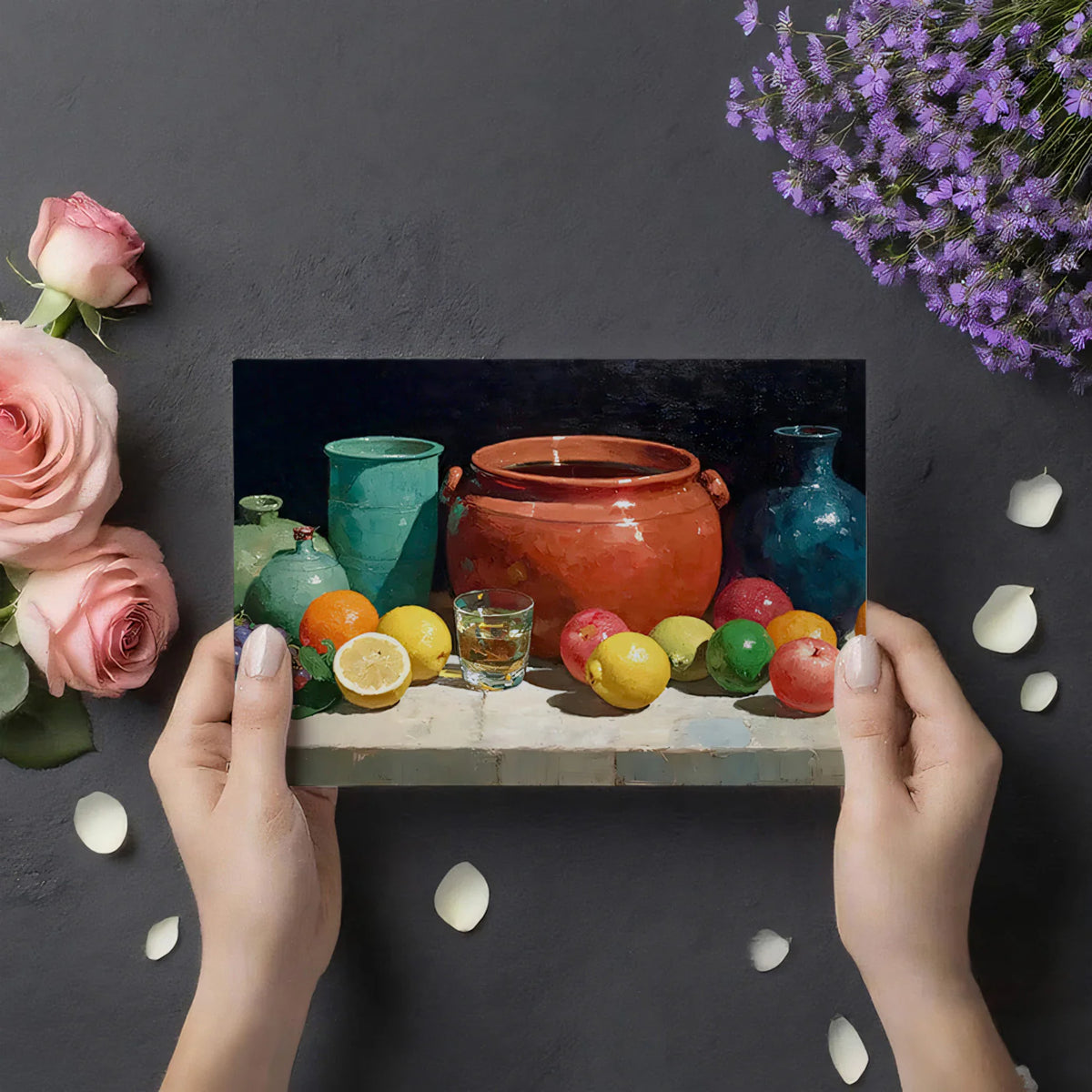 Still Life Fruit & Terracotta Vases Mural Wallpaper — Artistic Oil Mural Wallpaper - room preview 03