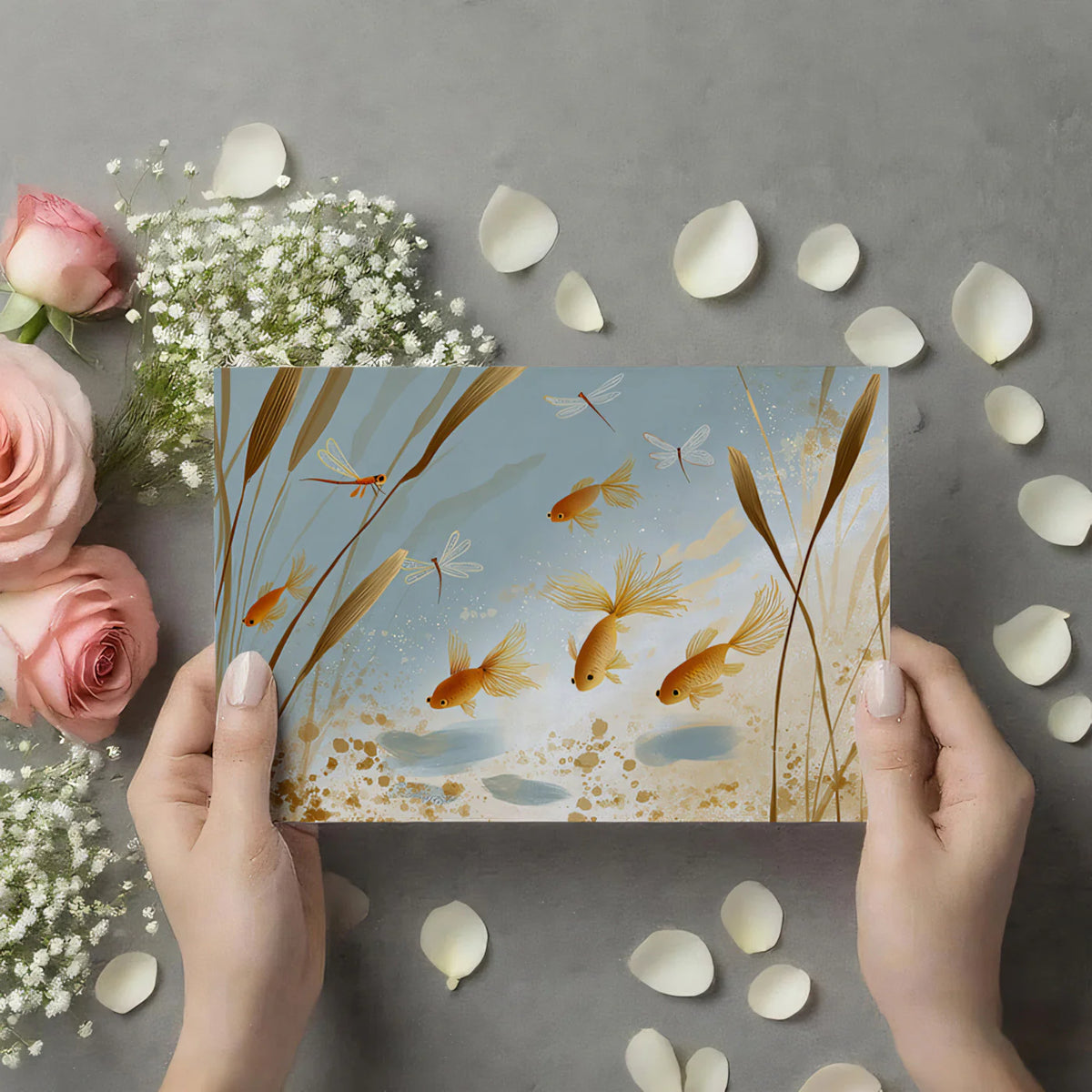 Golden Koi Pond Mural Wallpaper — Whimsical Aquatic Art Mural Wallpaper - room preview 03