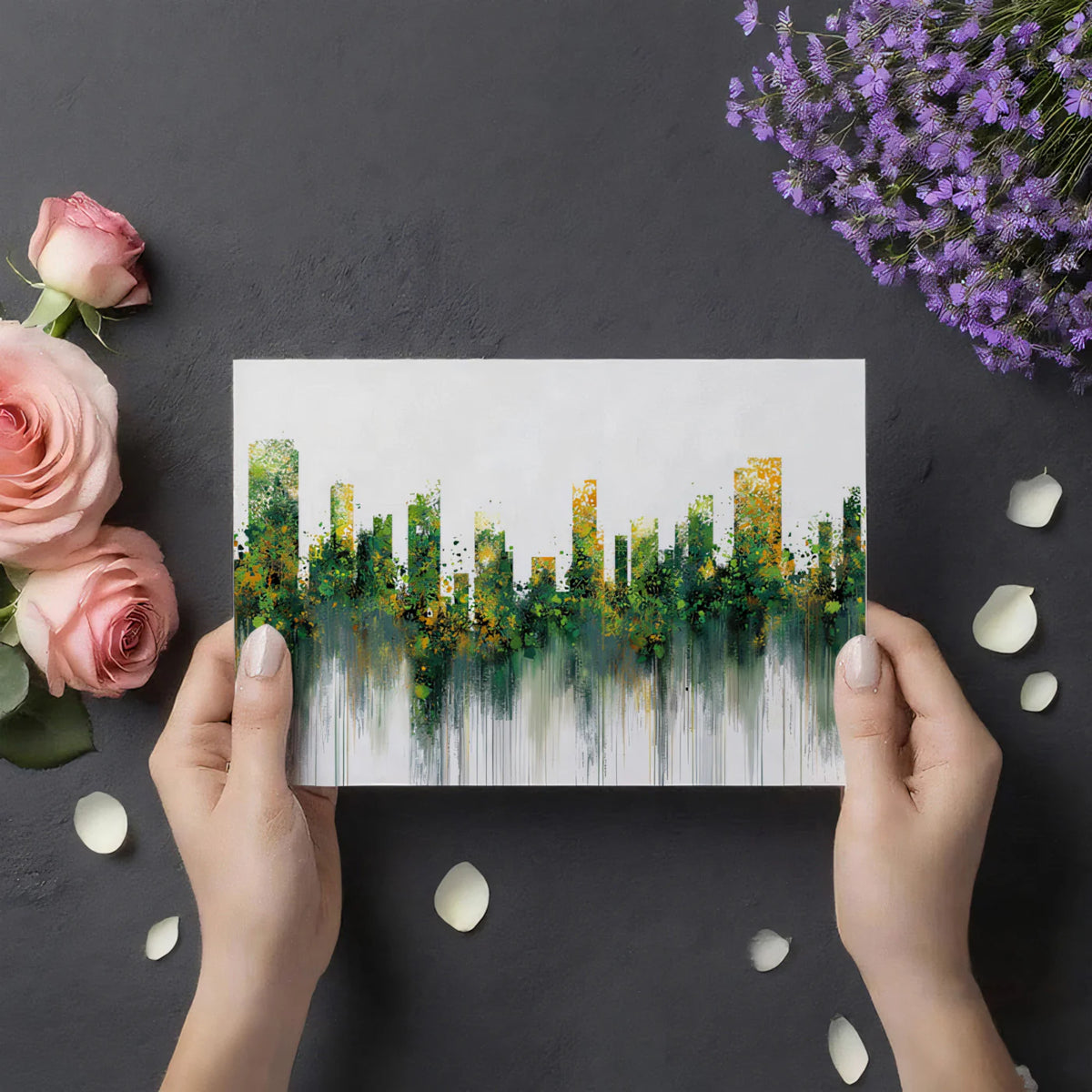 Abstract Urban Cityscape Mural Wallpaper — Artistic Green and Ochre Mural Wallpaper - room preview 03