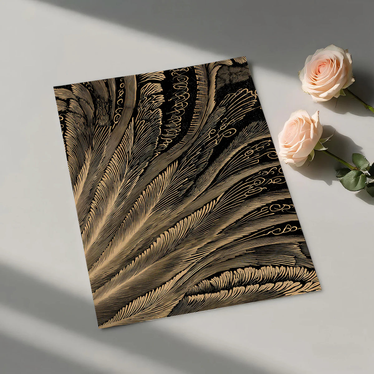 Gilded Feather Abstract Mural Wallpaper — Dramatic Line Art Mural Wallpaper - room preview 03