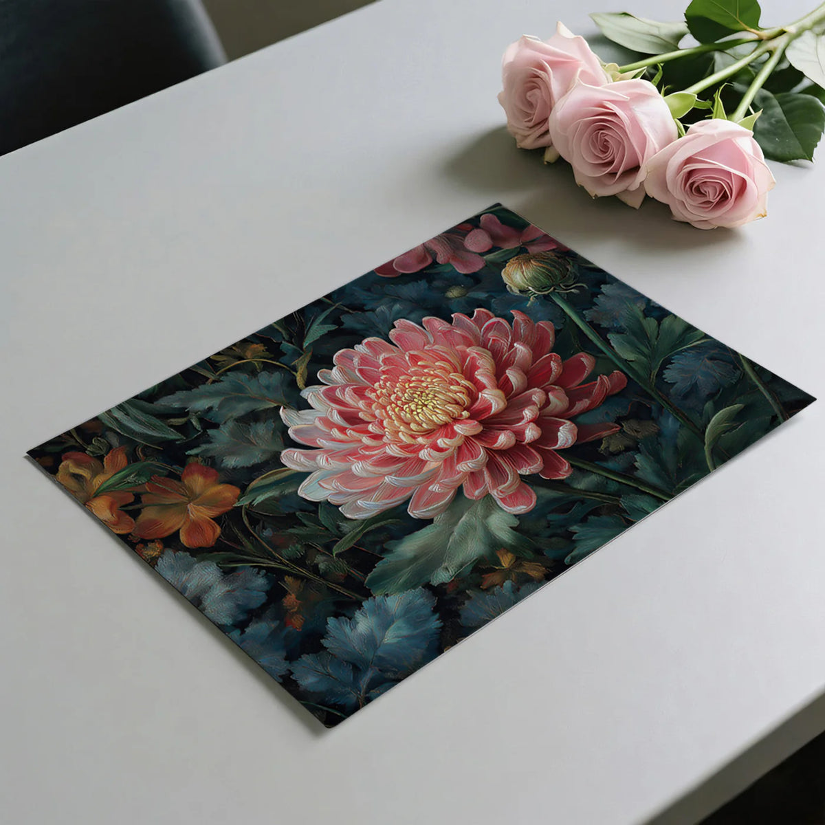 Chrysanthemum Oil Painting Mural Wallpaper — Moody Floral Art Mural Wallpaper - room preview 03