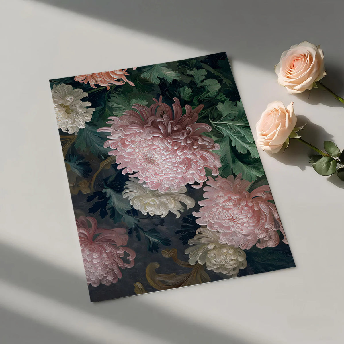 Chrysanthemum Oil Painting Mural Wallpaper — Moody Floral Art Mural Wallpaper - room preview 03