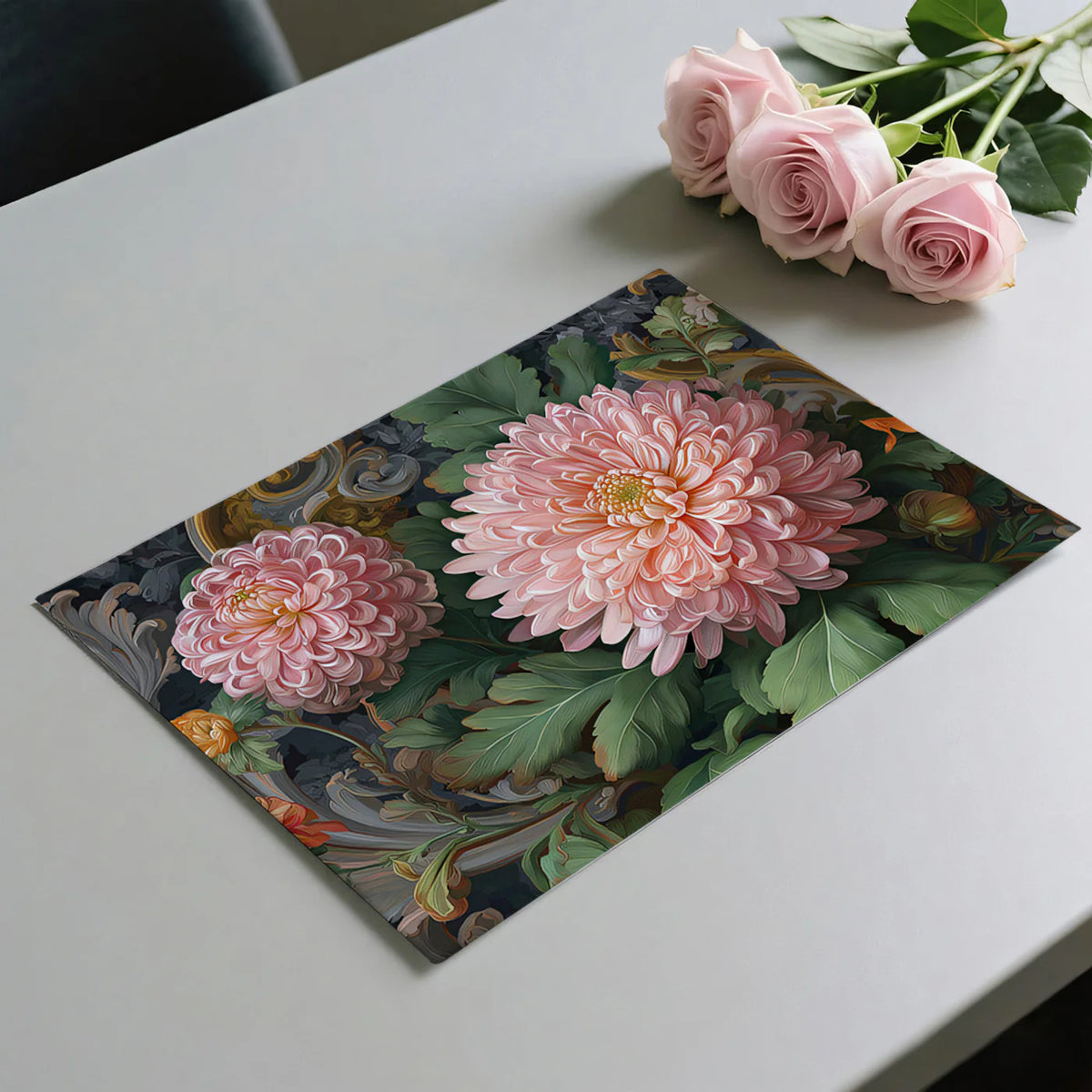 Rococo Chrysanthemum Floral Mural Wallpaper — Moody Heritage Style Mural Wallpaper - room preview 03