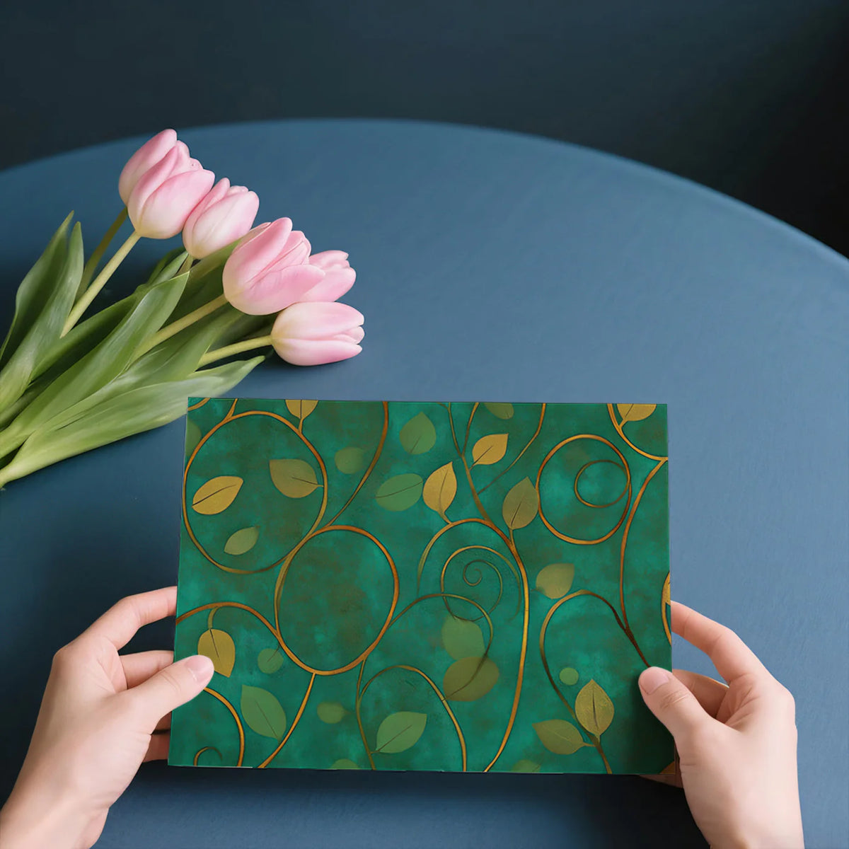 Golden Vine Botanical Mural Wallpaper — Rich Teal and Gold Pattern Mural Wallpaper - room preview 03