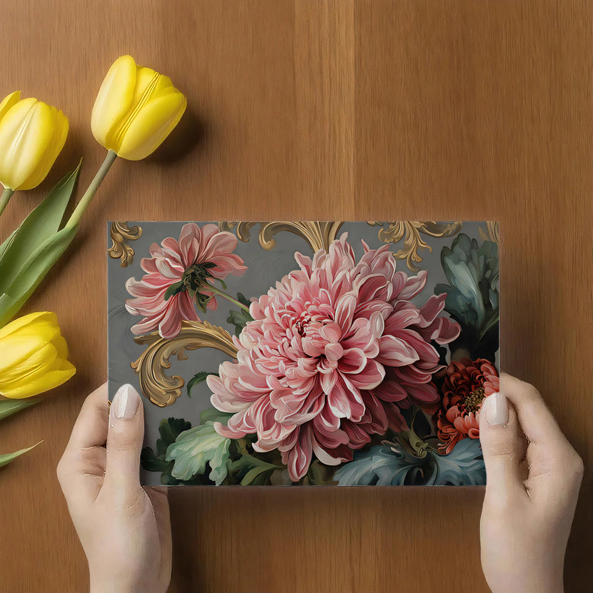 Rococo Chrysanthemum Floral Mural Wallpaper in Dusty Rose and Gold Mural Wallpaper - room preview 03