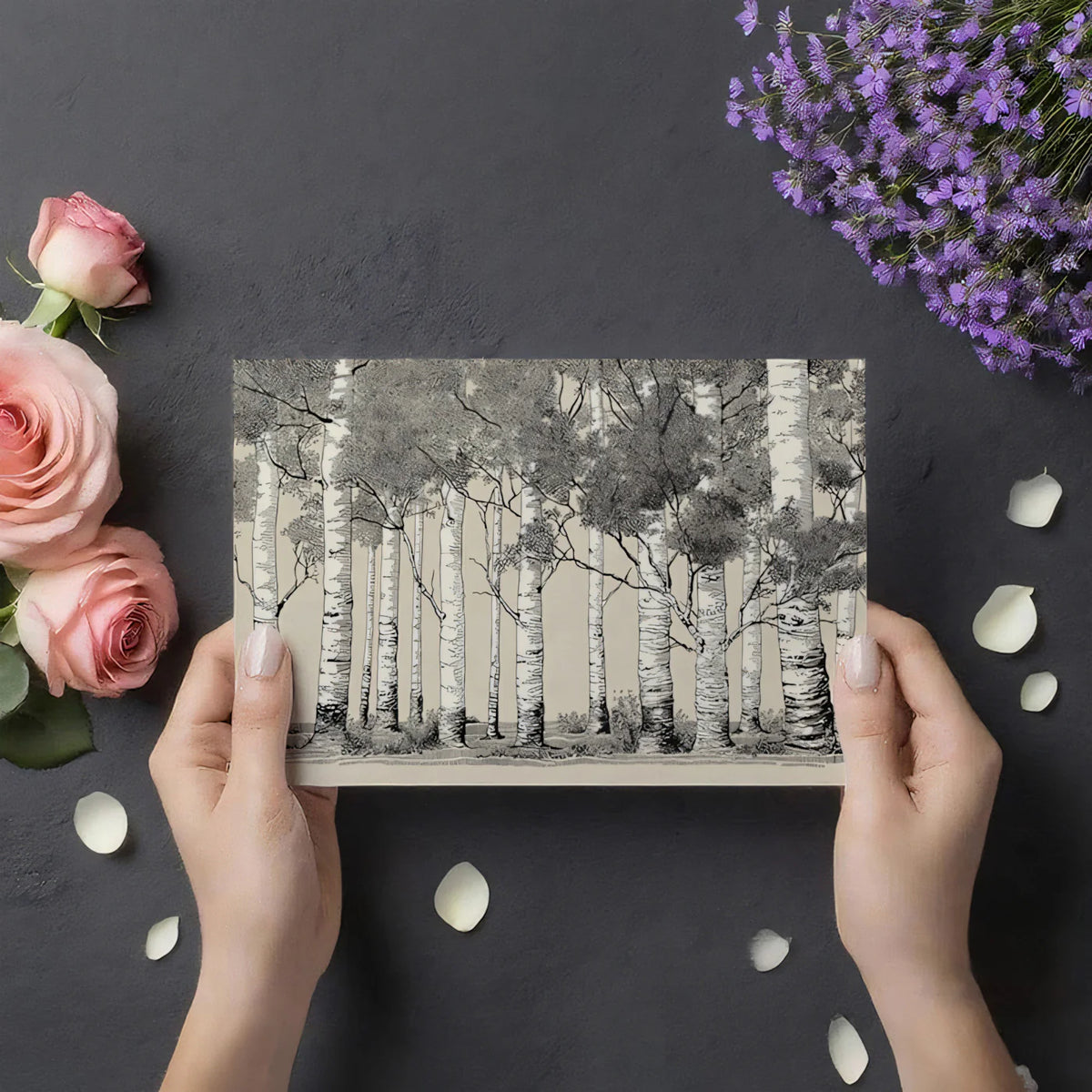Ink Illustration Birch Forest Mural Wallpaper — Monochrome Woodland Mural Wallpaper - room preview 03