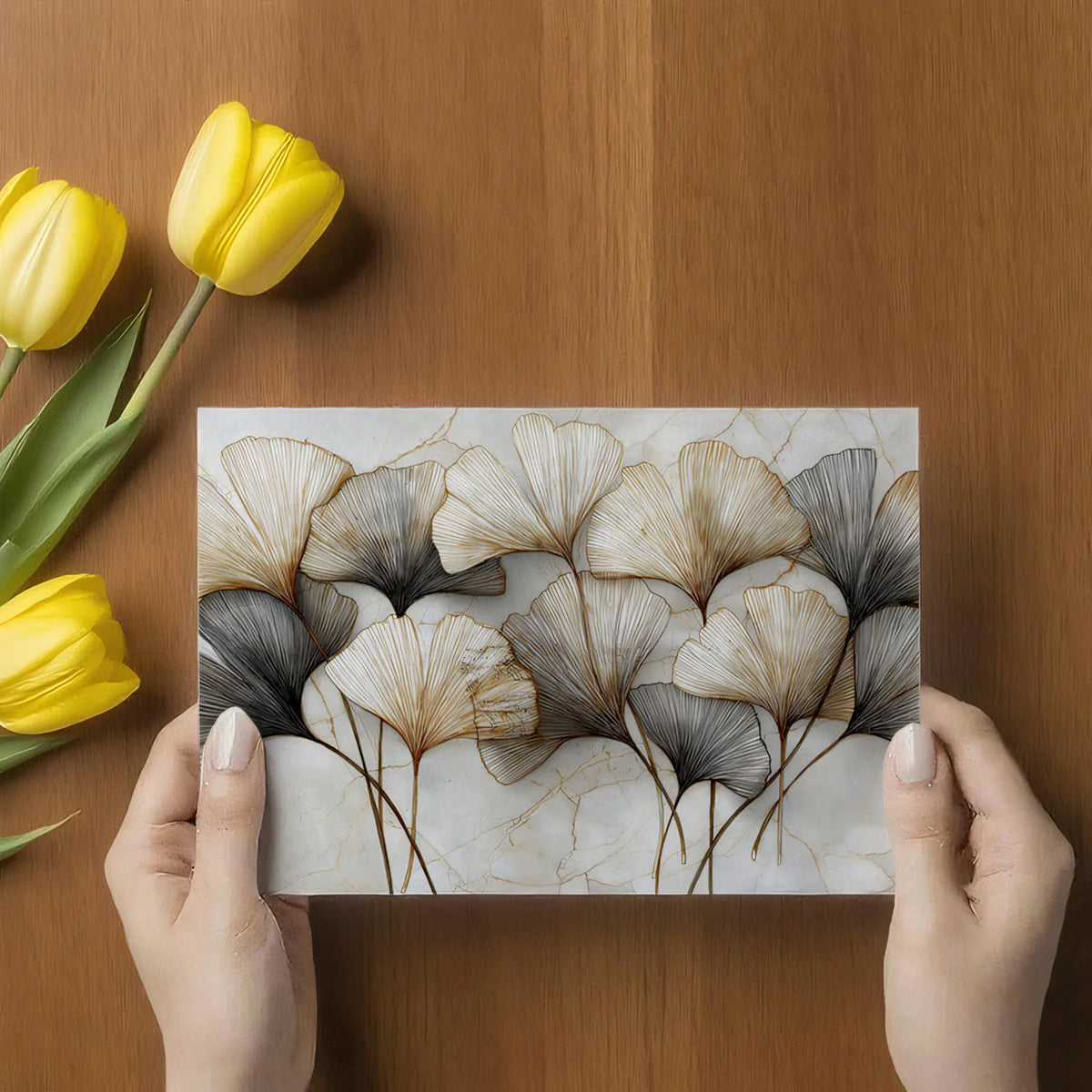 Ginkgo Leaf Line Art Mural Wallpaper — Metallic Gold & Charcoal Mural Wallpaper - room preview 03