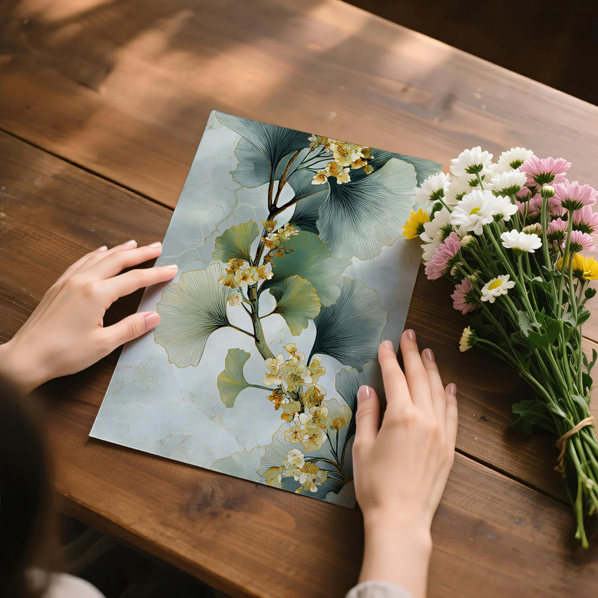 Ginkgo Branch Mural Wallpaper — Artistic Botanical Marble Mural Wallpaper - room preview 03