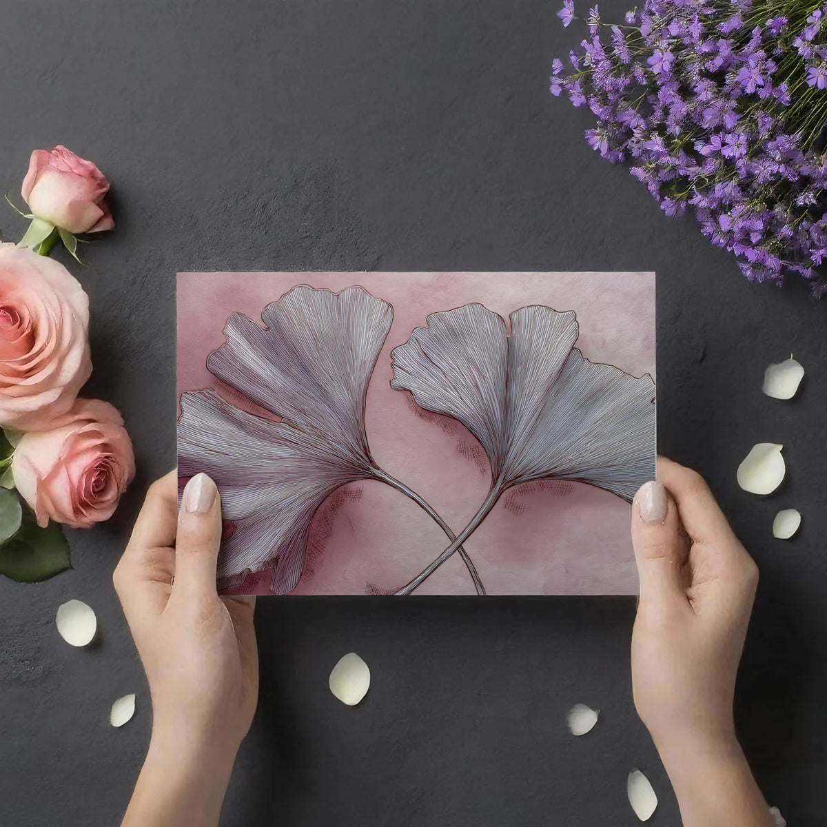 Abstract Ginkgo Leaf Mural Wallpaper — Soft Pink Botanical Art Mural Wallpaper - room preview 03