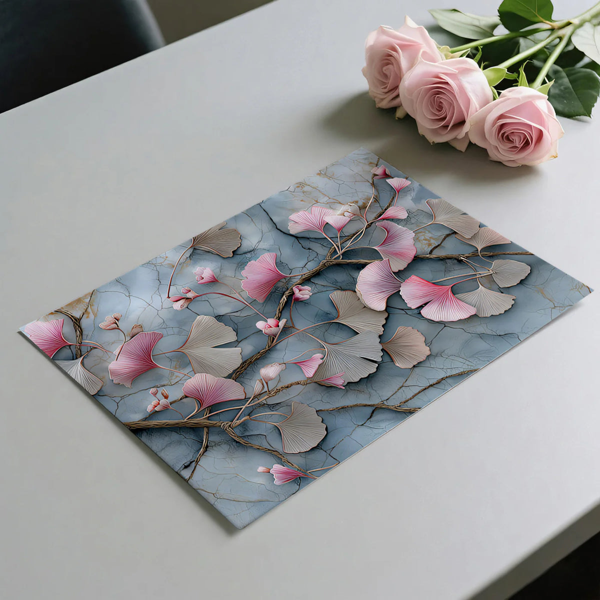 Ginkgo Branch Mural Wallpaper with Marbled Blue and Pink Tones Mural Wallpaper - room preview 03