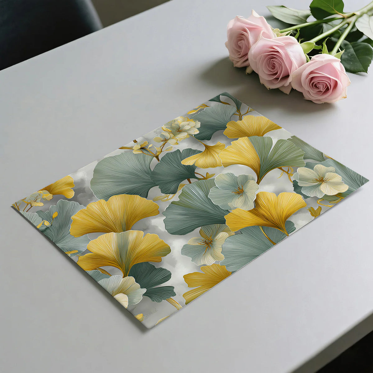 Abstract Ginkgo & Floral Mural Wallpaper in Ochre and Sage Mural Wallpaper - room preview 03