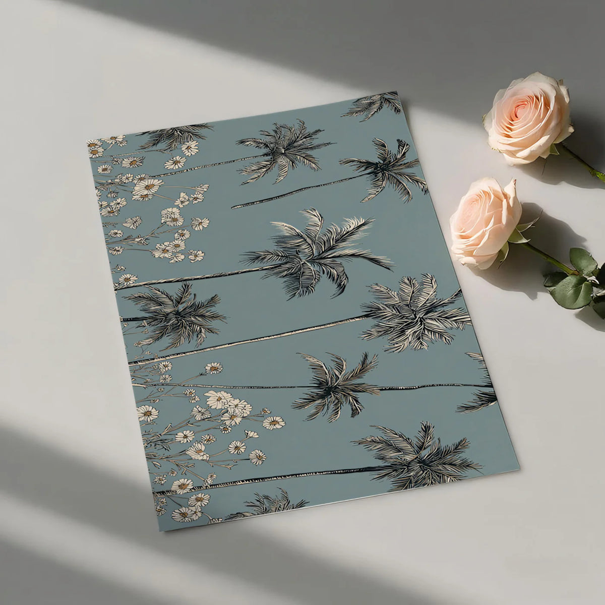 Palm Tree and Daisy Line Art Mural Wallpaper — Coastal Modern Mural Wallpaper - room preview 03