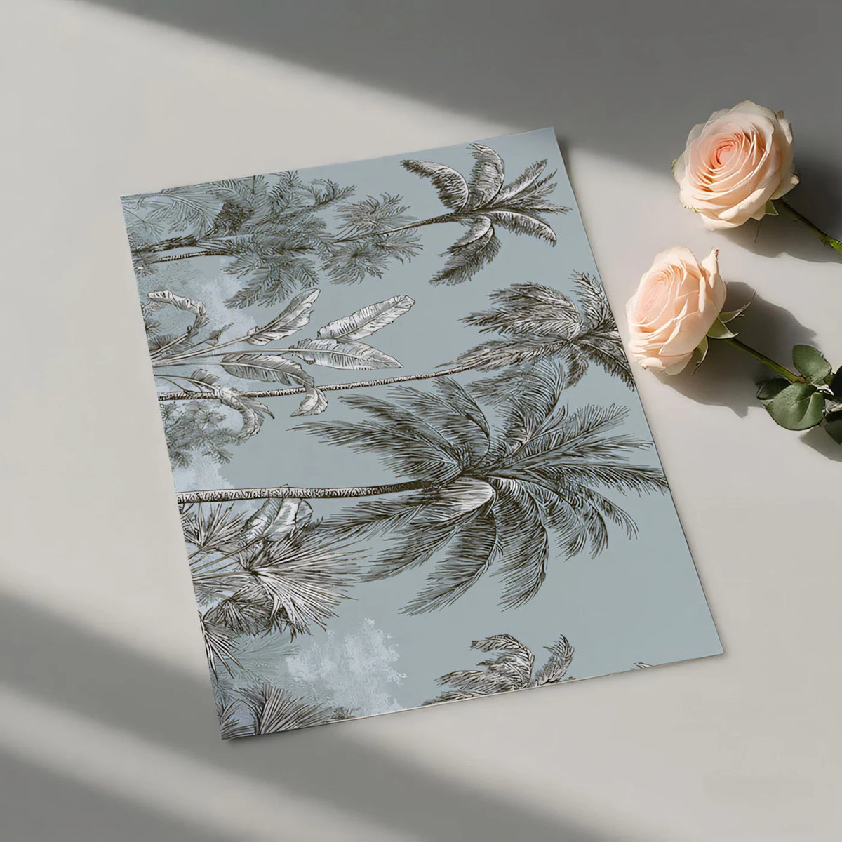 Coastal Palm Sketch Mural Wallpaper — Blue and Charcoal Line Art Mural Wallpaper - room preview 03