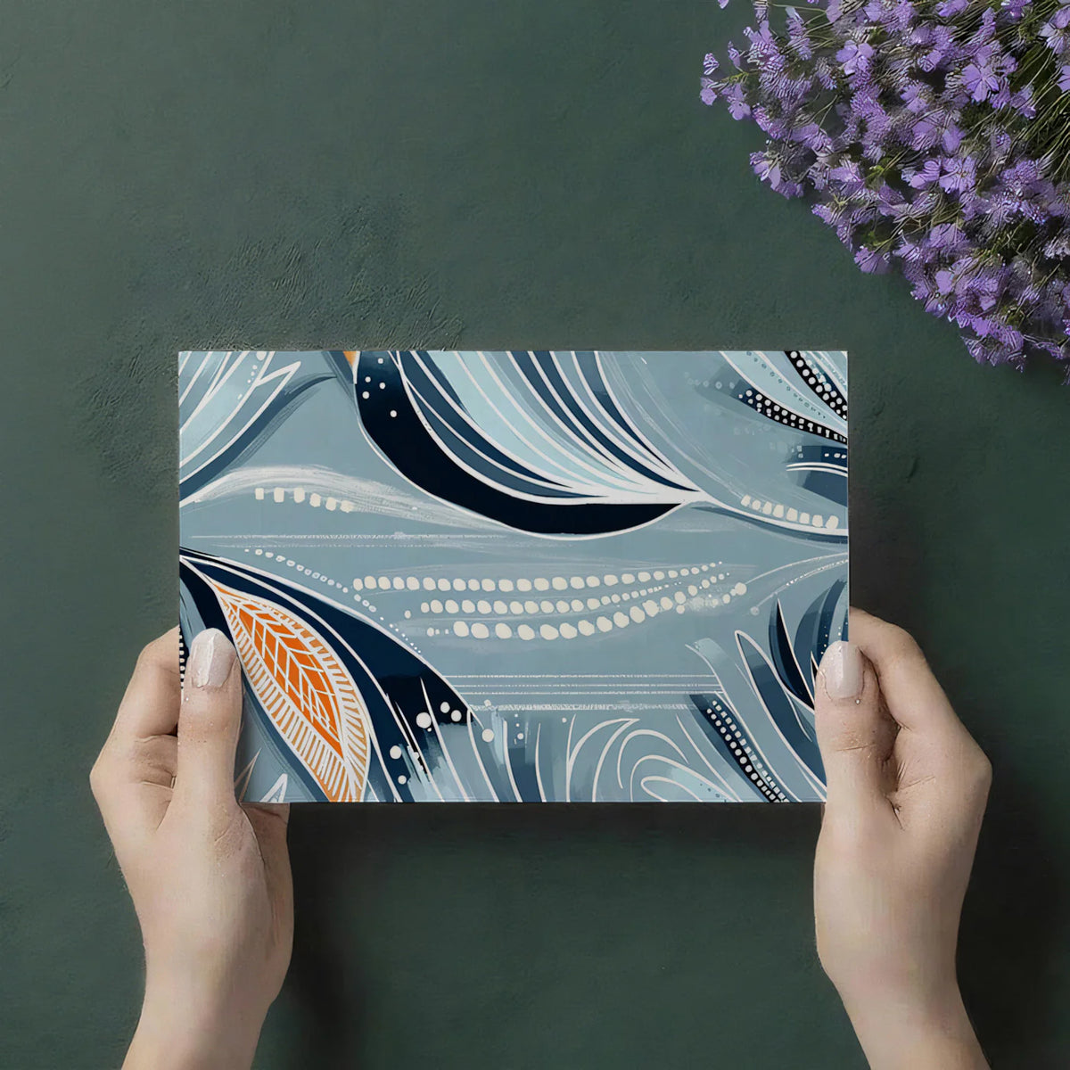Abstract Botanical Mural Wallpaper — Teal and Orange Floral Art Mural Wallpaper - room preview 03