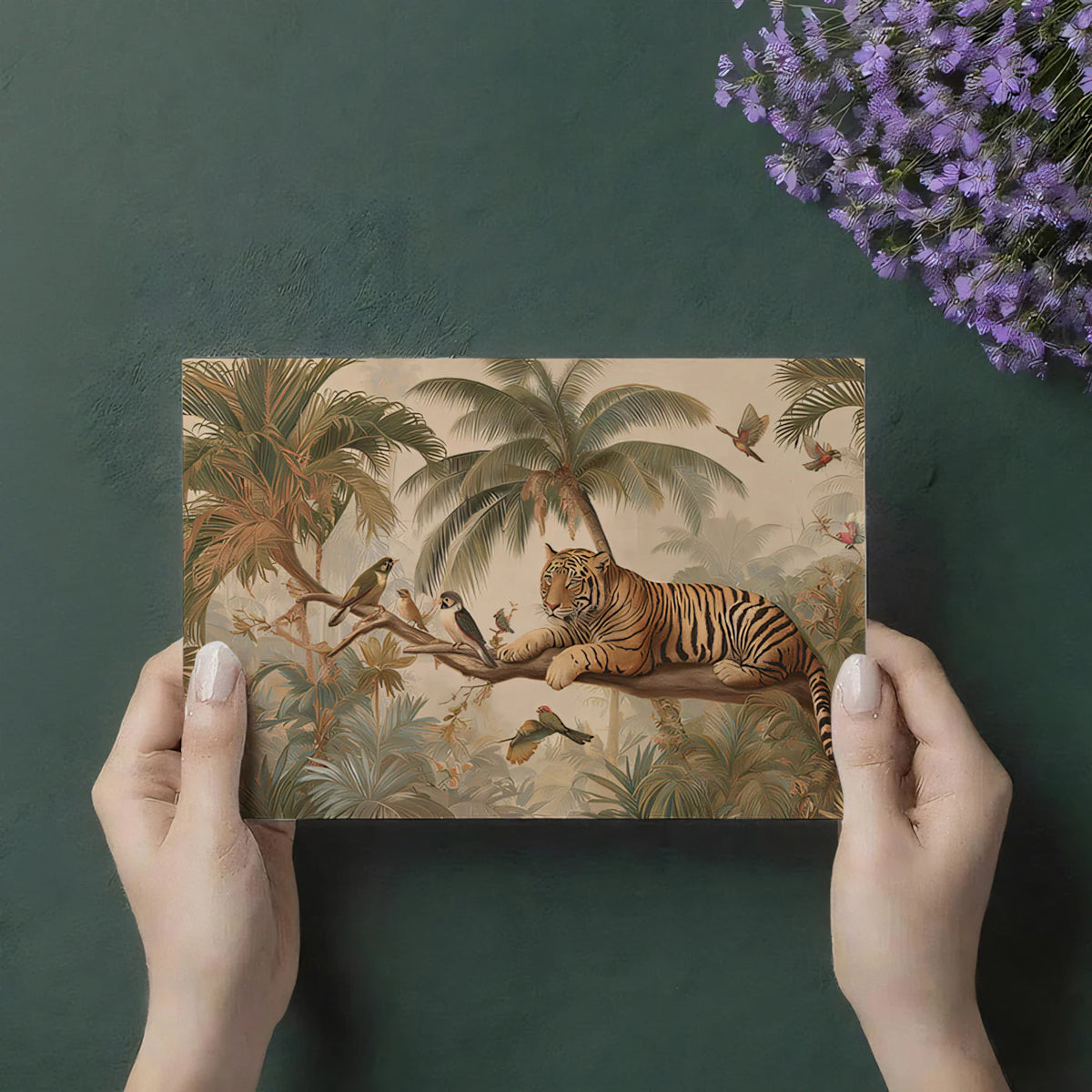 Tiger in Tropical Jungle Mural Wallpaper — Vintage Safari Illustration Mural Wallpaper - room preview 03