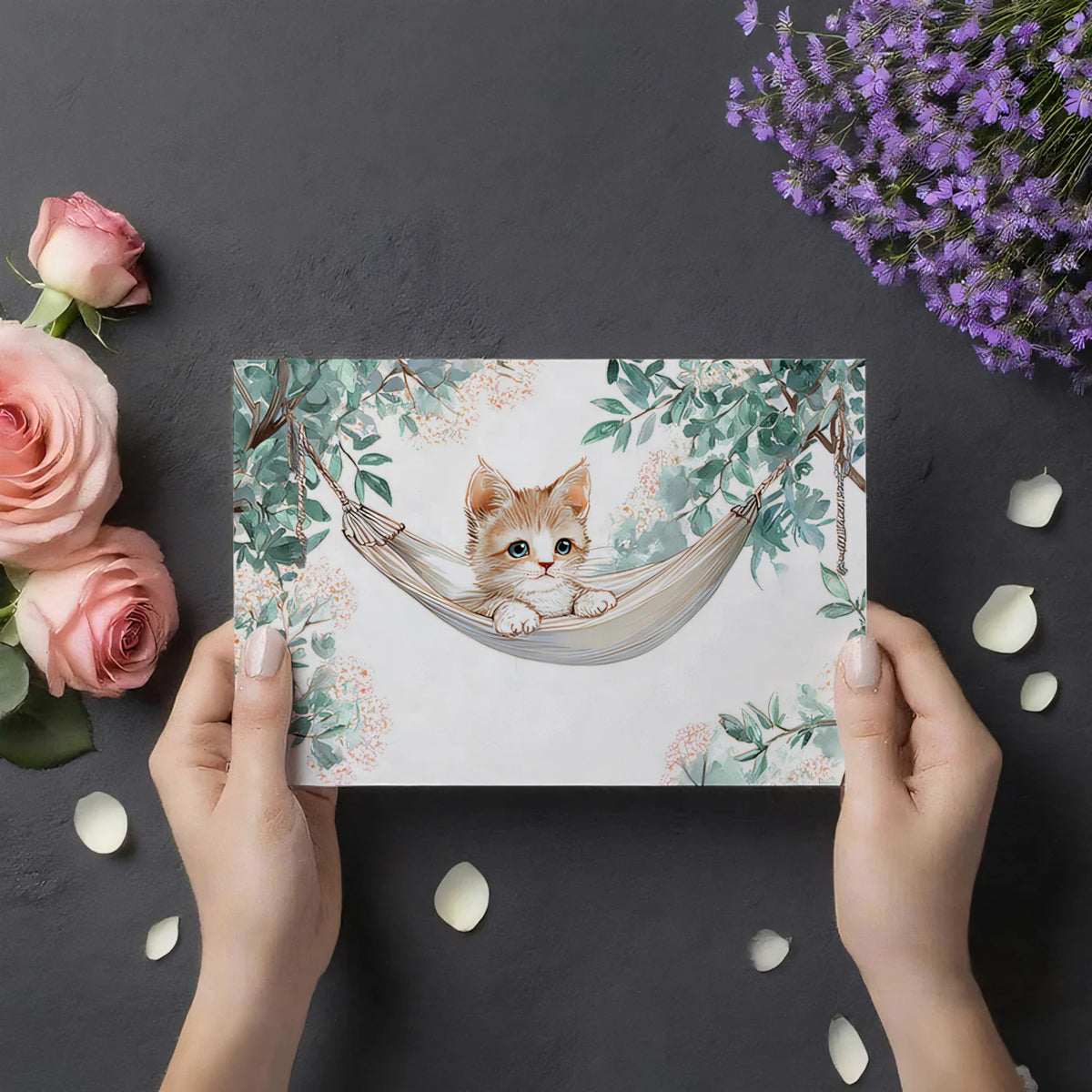 Kitten in Hammock Mural Wallpaper — Whimsical Watercolor Illustration Mural Wallpaper - room preview 03