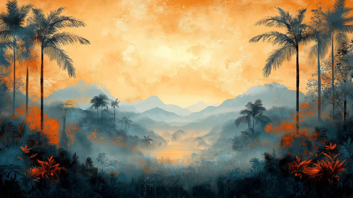 Misty Tropical Mountain Landscape Mural Wallpaper Ethereal Sunset Art Mural Wallpaper - room preview 03