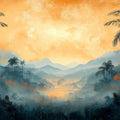 Misty Tropical Mountain Landscape Mural Wallpaper Ethereal Sunset Art Mural Wallpaper - room preview 03