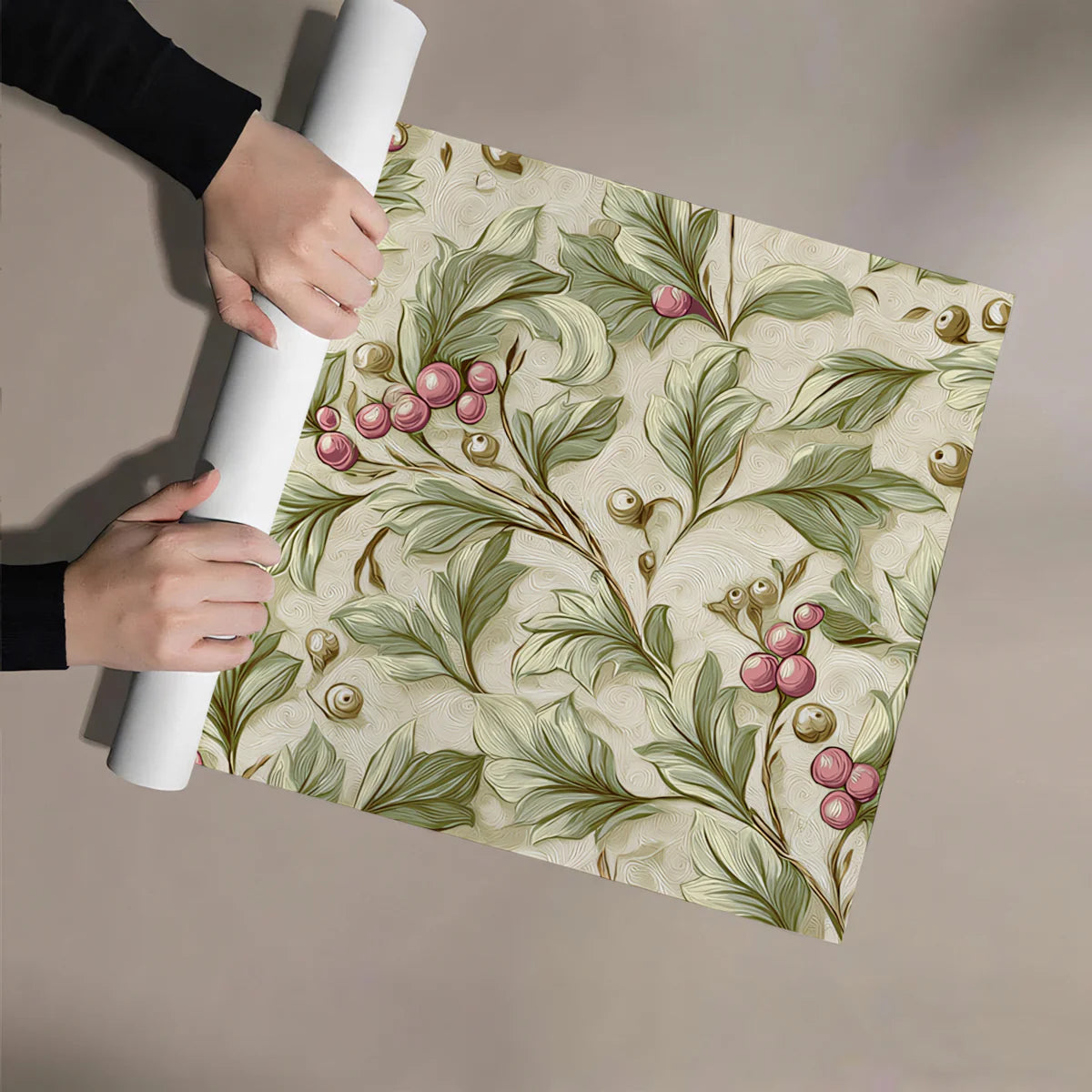 Vintage Botanical Vine Mural Wallpaper — Soft Berry Pattern Mural Wallpaper - room preview 03