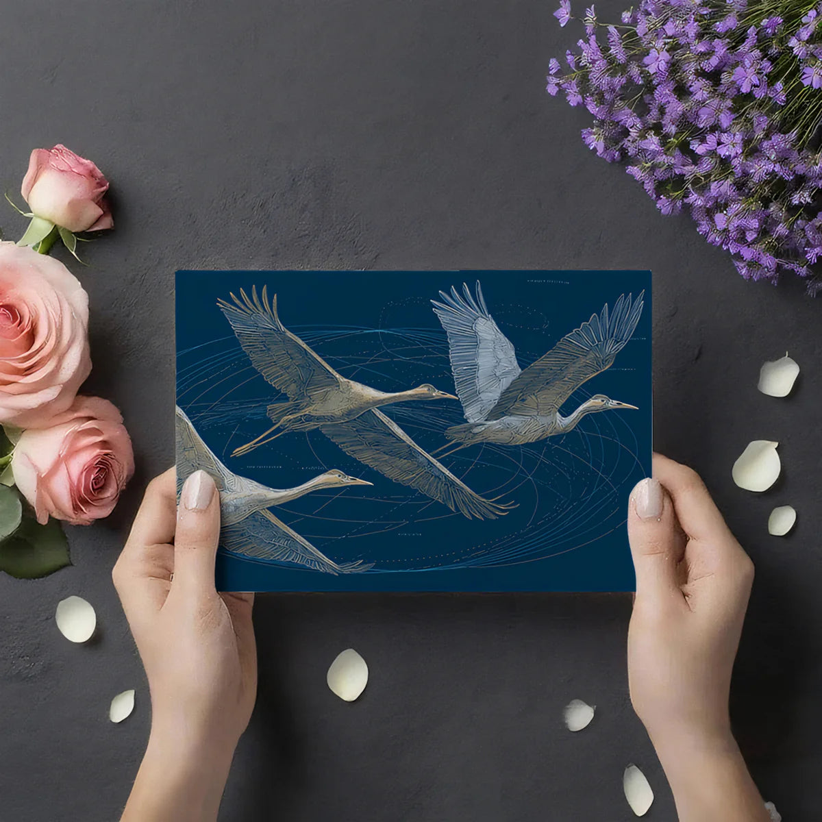 Flying Cranes Mural Wallpaper — Minimalist Line Art on Deep Navy Mural Wallpaper - room preview 03