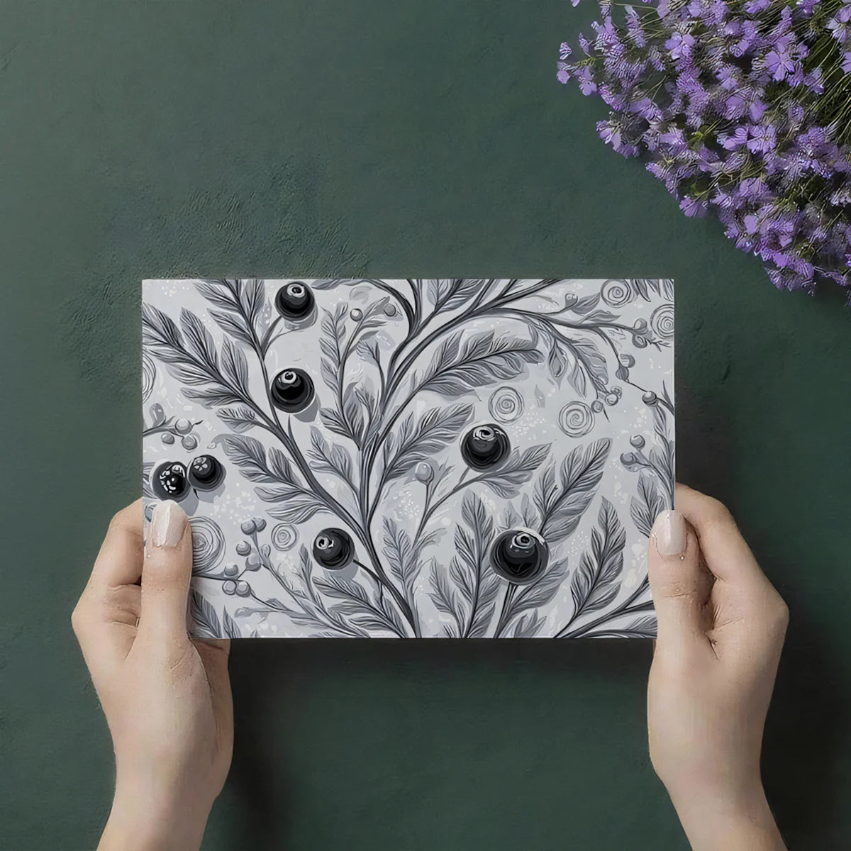 Monochrome Berry Branch Mural Wallpaper — Artistic Botanical Mural Wallpaper - room preview 03