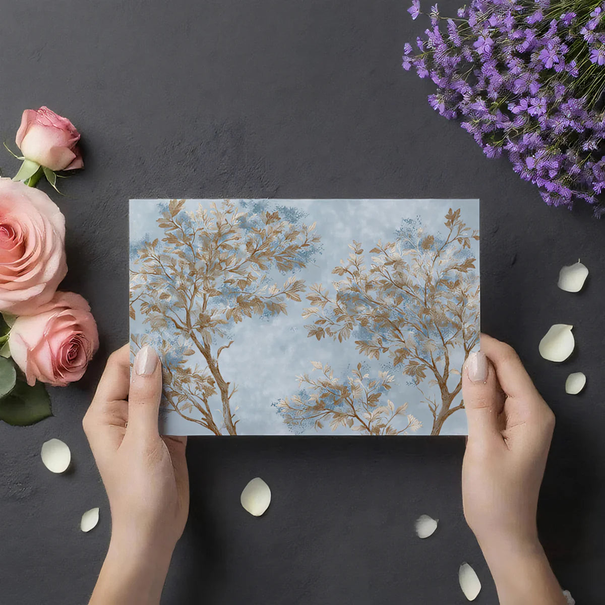 Autumn Canopy Mural Wallpaper — Hazy Blue and Bronze Tree Design Mural Wallpaper - room preview 03