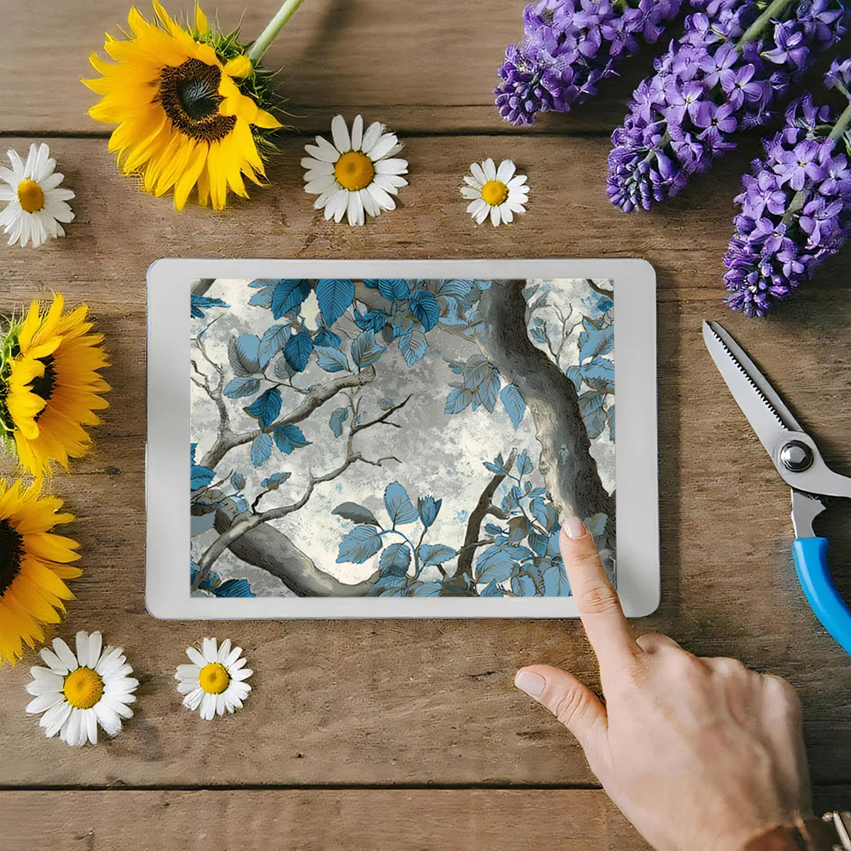 Blue Forest Etching Mural Wallpaper — Moody Botanical Art Mural Wallpaper - room preview 03