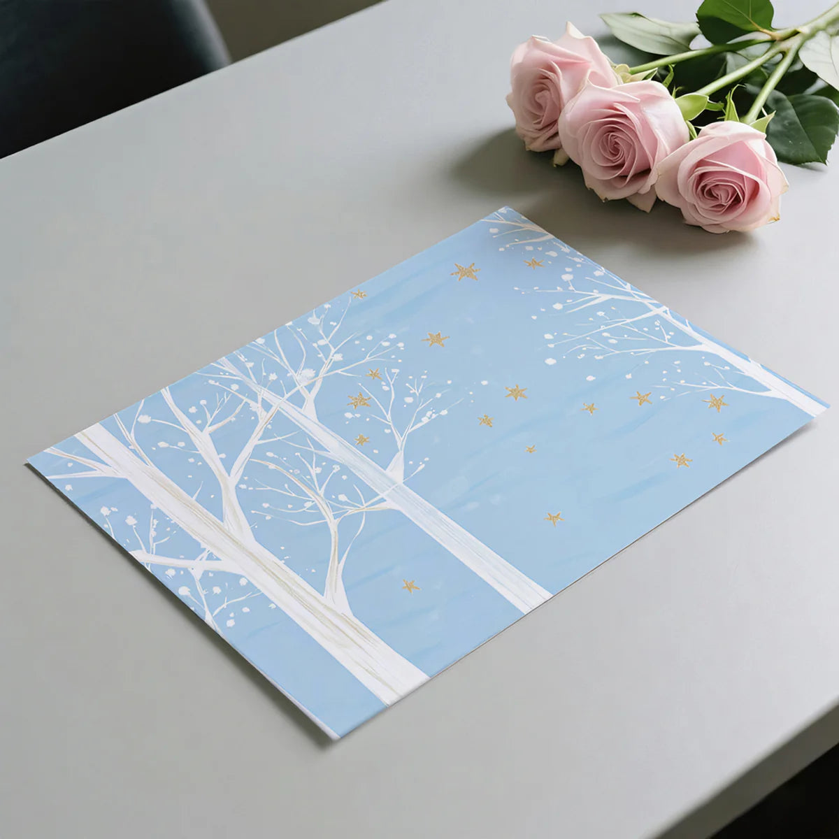 Winter Birch Forest Mural Wallpaper in Pale Blue and Gold Mural Wallpaper - room preview 03