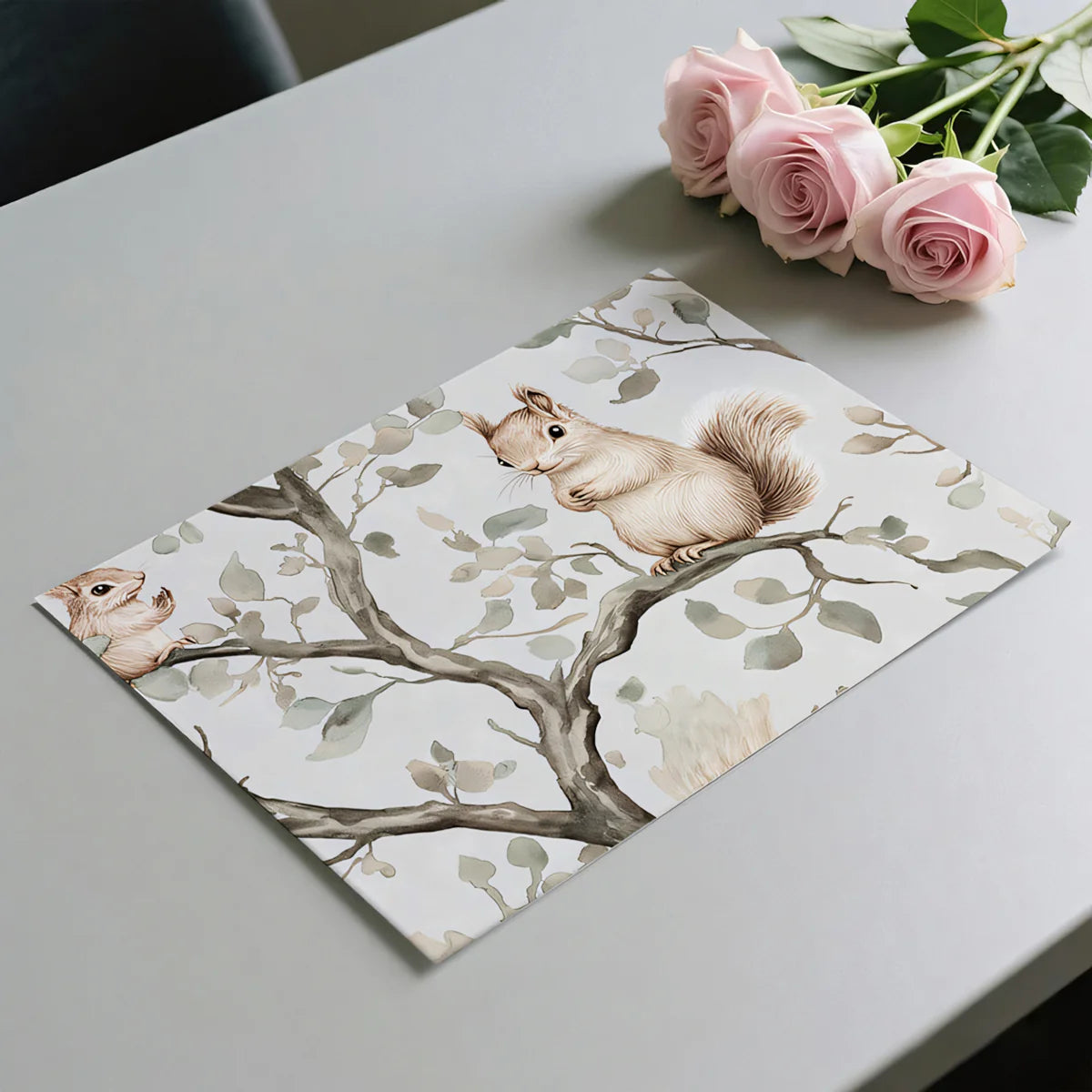Squirrel and Branch Mural Wallpaper — Soft Woodland Pattern Mural Wallpaper - room preview 03