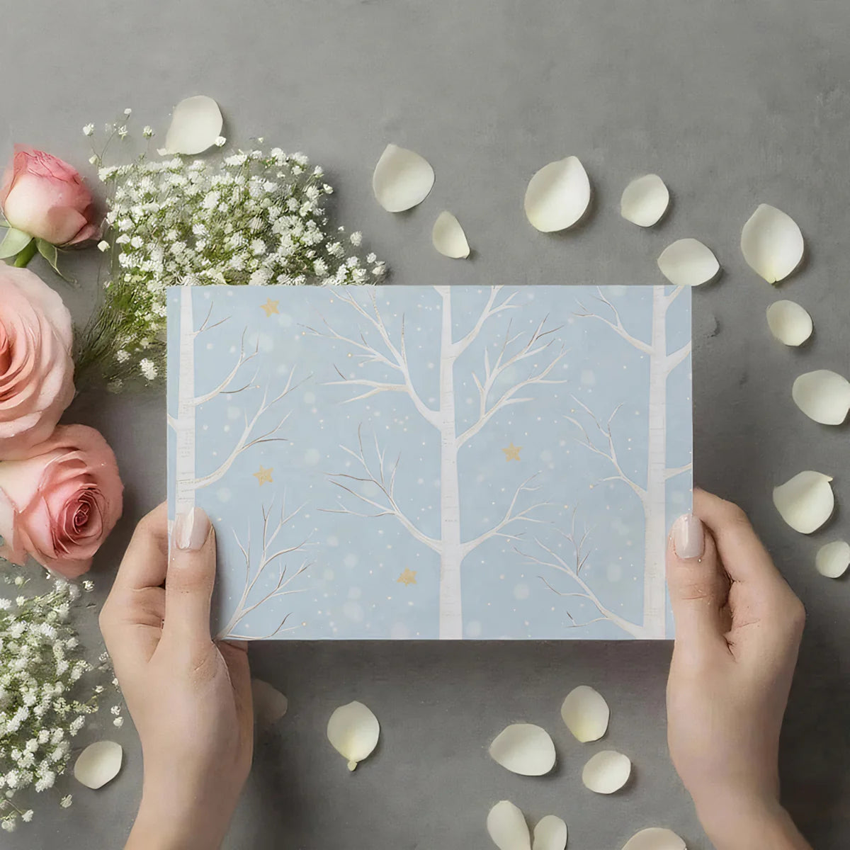 Starry Winter Forest Mural Wallpaper — Whimsical Sky Blue Mural Wallpaper - room preview 03