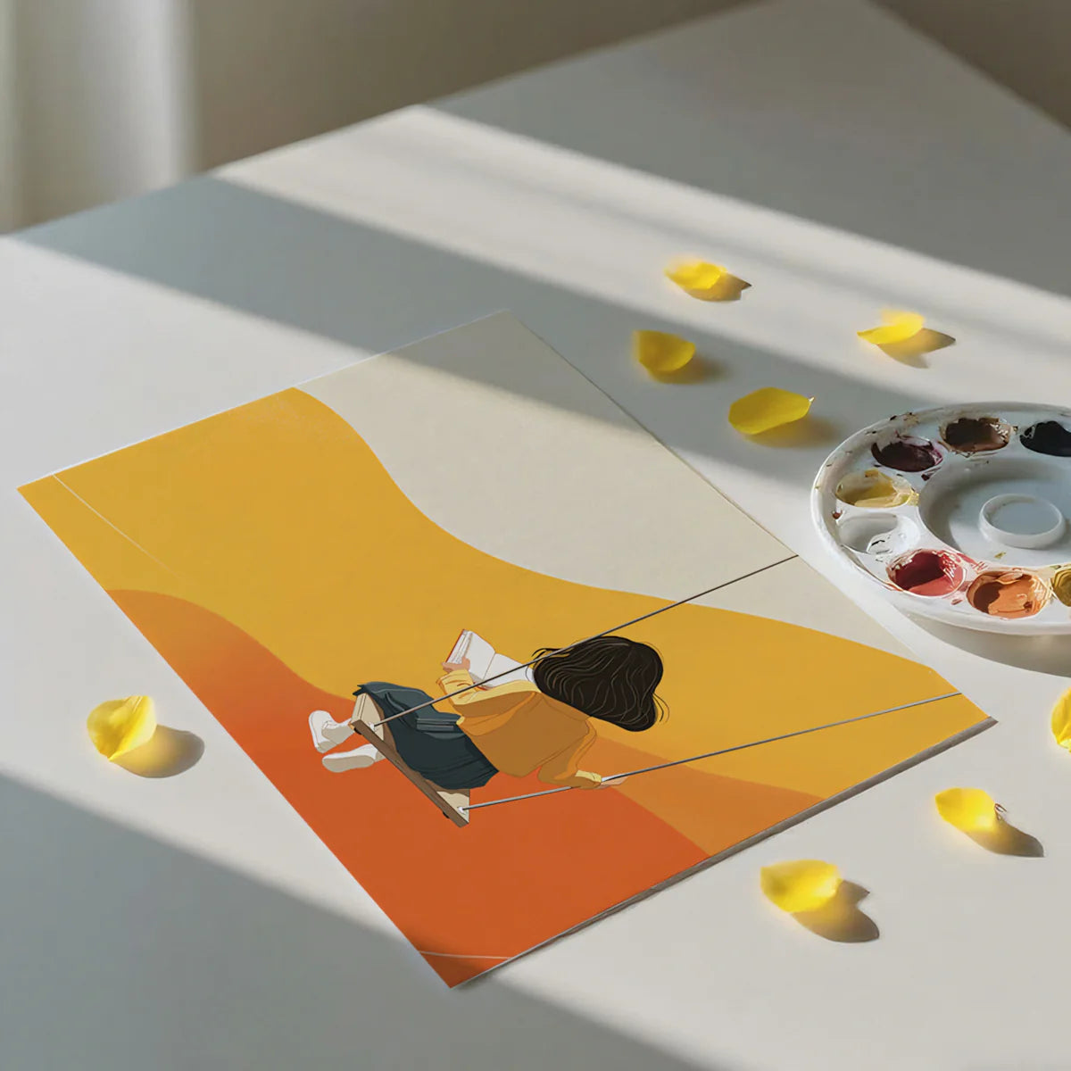 Girl Reading on a Swing Mural Wallpaper — Warm Minimalist Abstract Mural Wallpaper - room preview 03