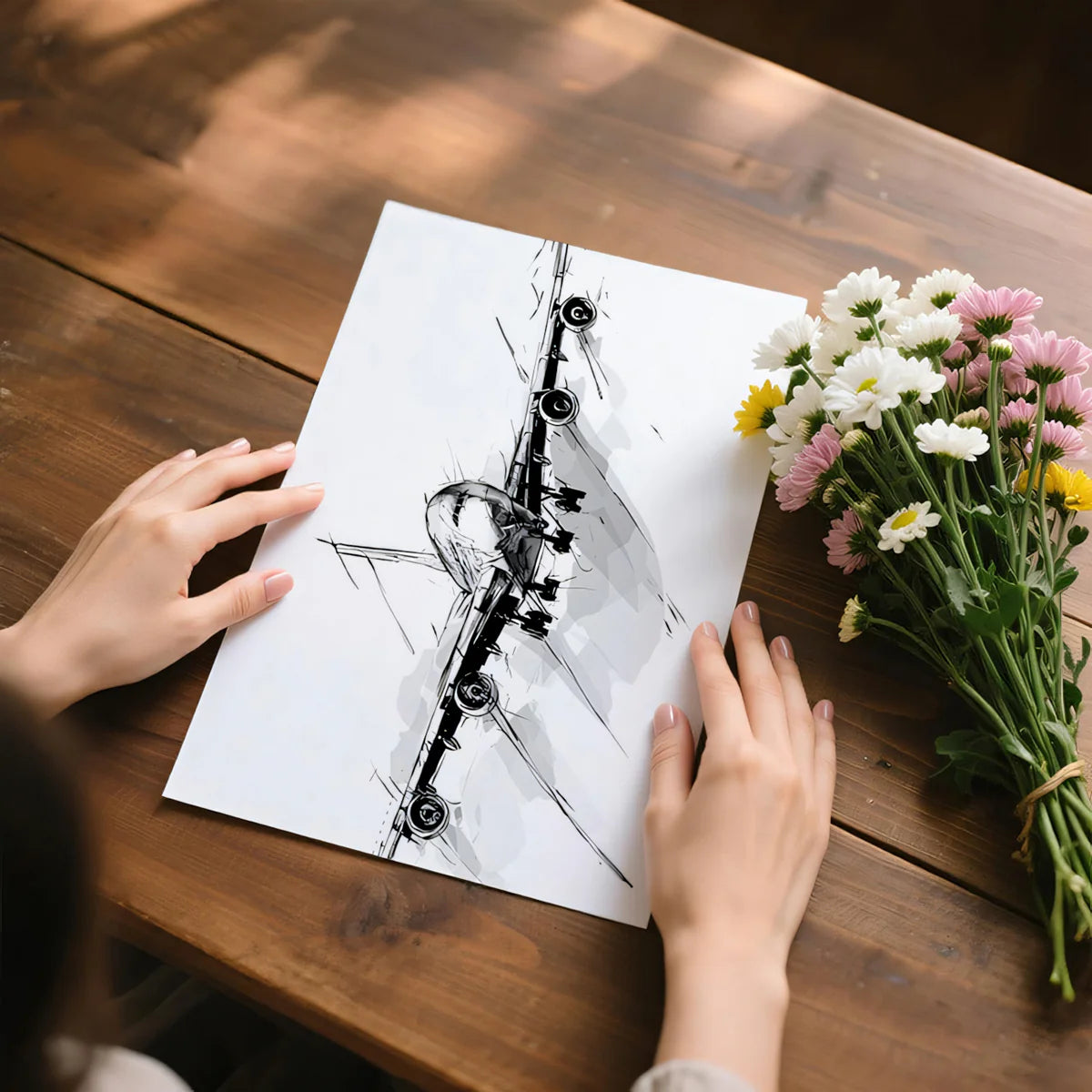 Aviation Sketch Mural Wallpaper — Bold Charcoal Jet Art Mural Wallpaper - room preview 03