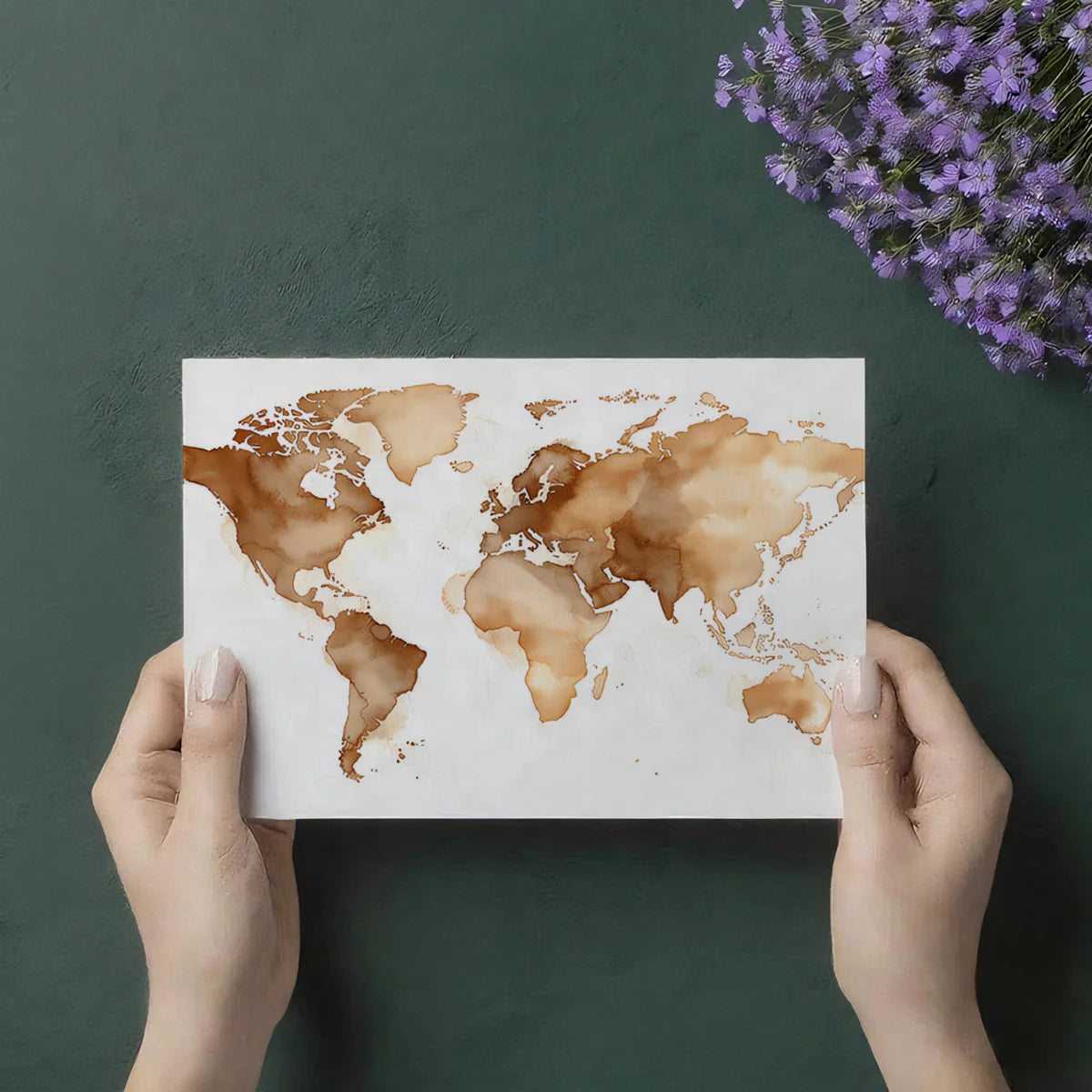 Watercolor World Map Mural Wallpaper in Sepia Tones Mural Wallpaper - room preview 03