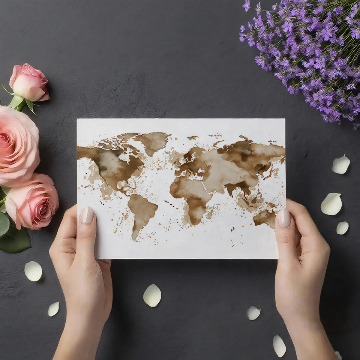 Abstract Coffee Stain World Map Mural Wallpaper — Earthy Rustic Art Mural Wallpaper - room preview 03