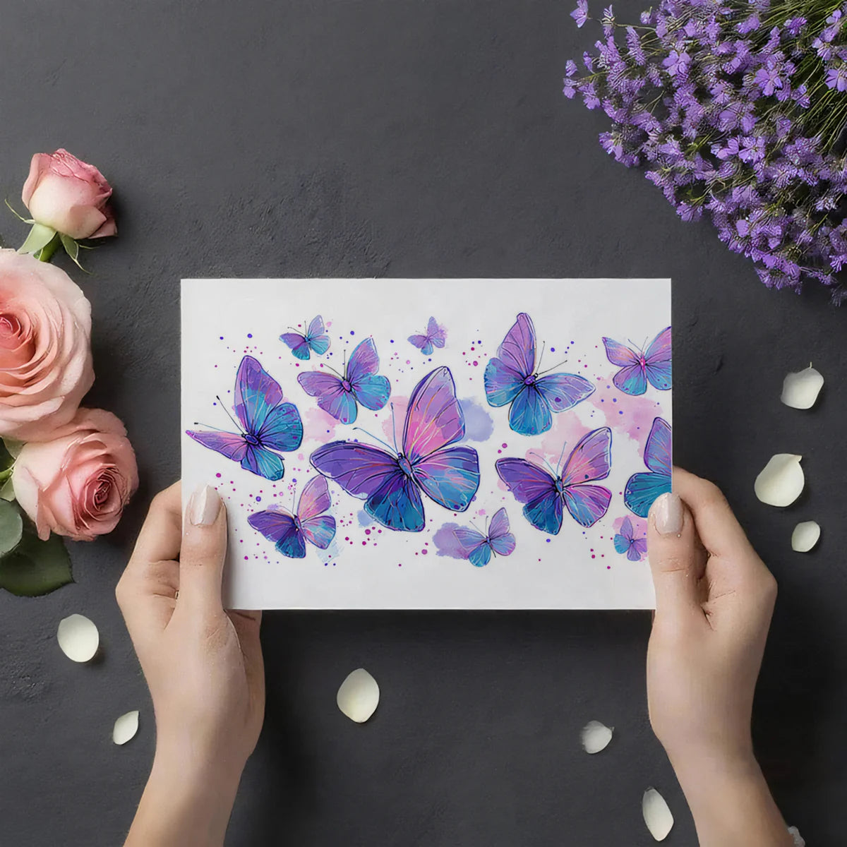 Watercolor Butterfly Swarm Mural Wallpaper — Ethereal Blue and Purple Mural Wallpaper - room preview 03
