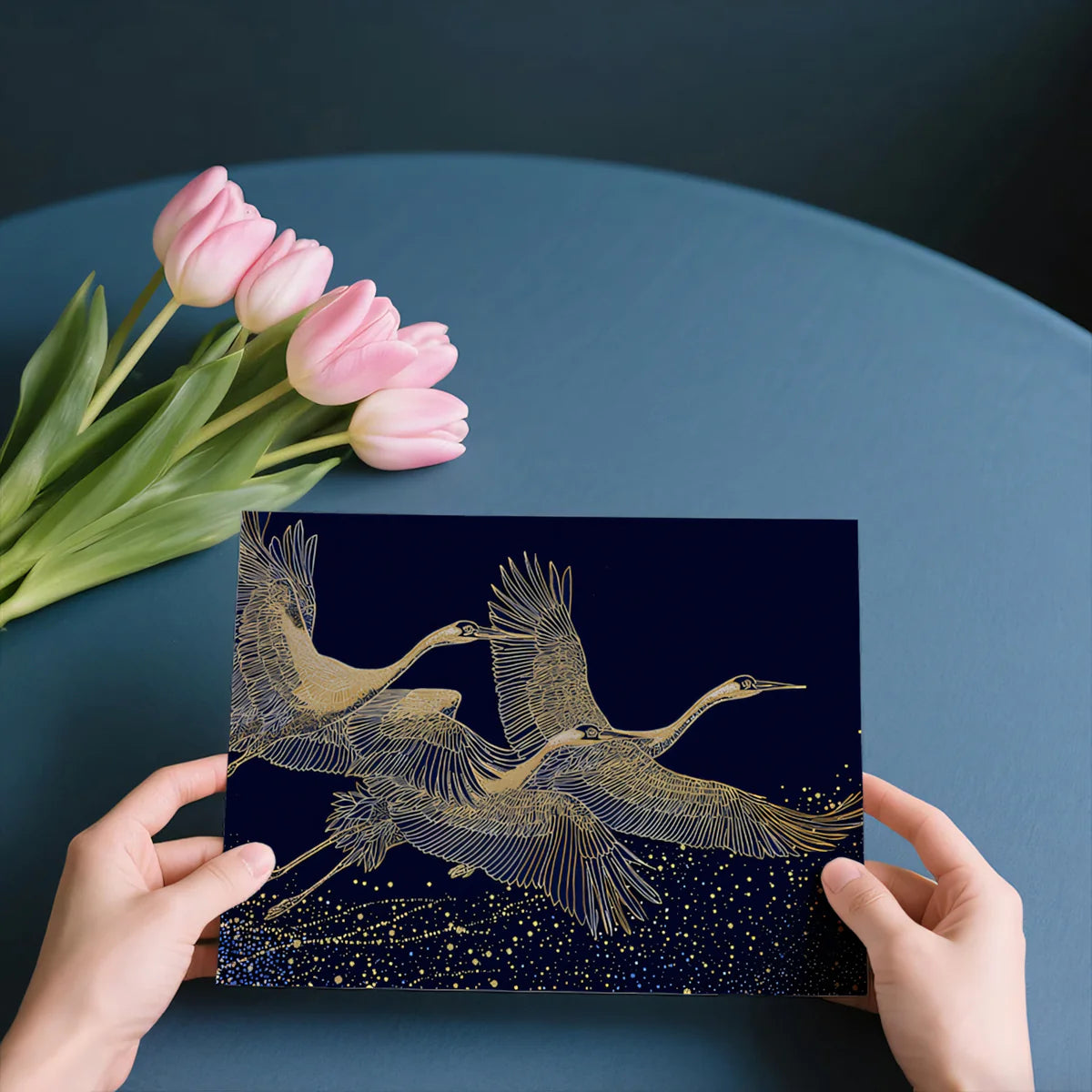 Golden Cranes Mural Wallpaper — Midnight Blue Celestial Design Mural Wallpaper - room preview 03