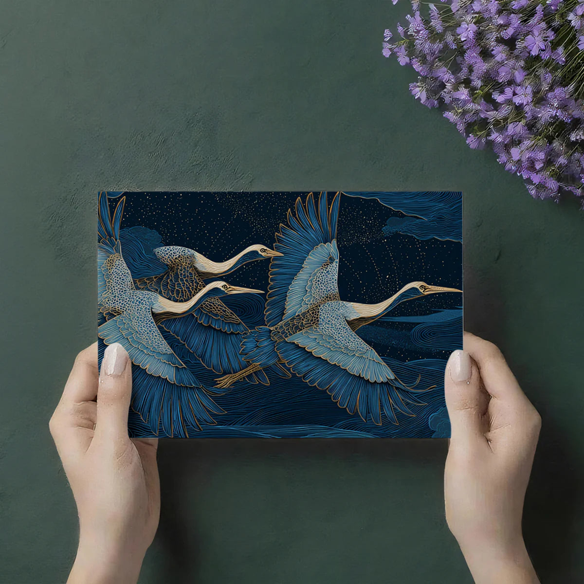 Flying Cranes Mural Wallpaper — Midnight Blue and Gold Mural Wallpaper - room preview 03