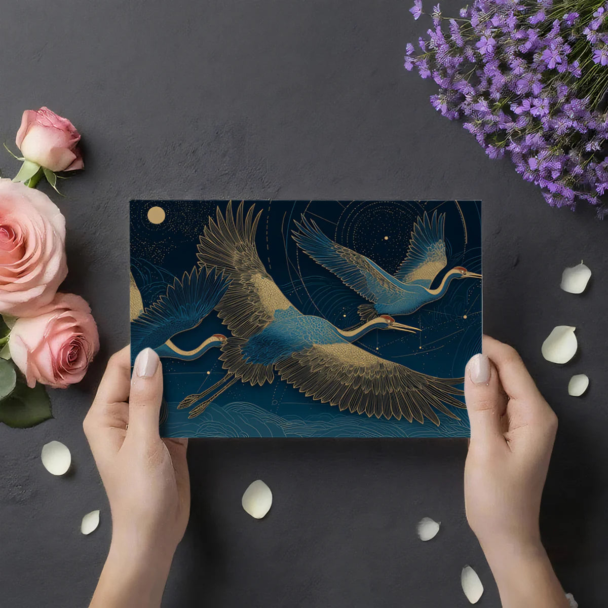 Celestial Cranes in Flight Mural Wallpaper — Midnight Blue Mural Wallpaper - room preview 03