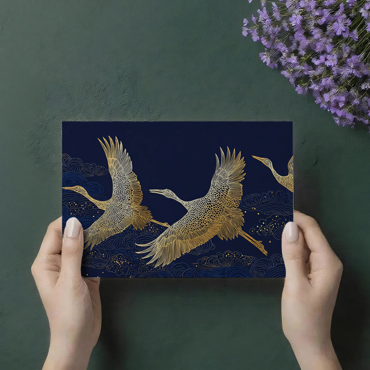 Golden Cranes and Clouds Mural Wallpaper — Traditional Asian Art Mural Wallpaper - room preview 03
