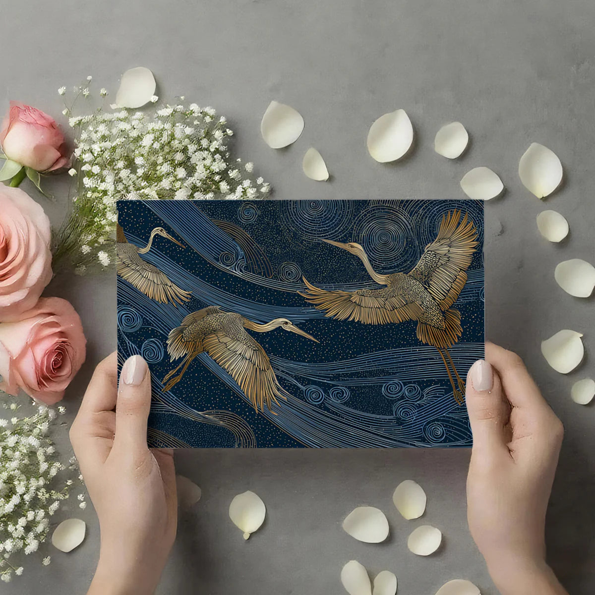 Golden Cranes & Celestial Swirls Mural Wallpaper — Art Deco Style Mural Wallpaper - room preview 03
