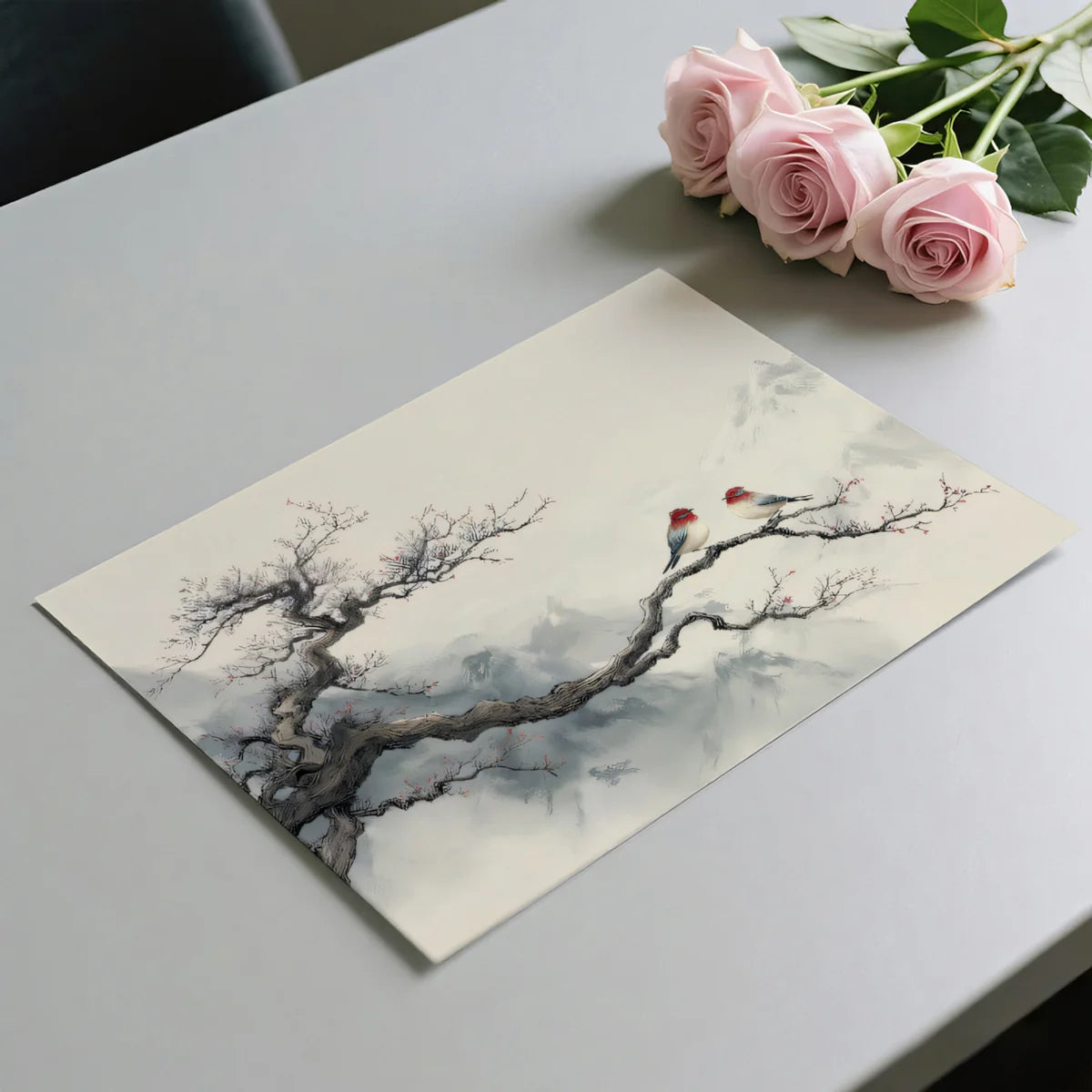 Zen Mountain Bird Mural Wallpaper — Minimalist Winter Landscape Mural Wallpaper - room preview 03