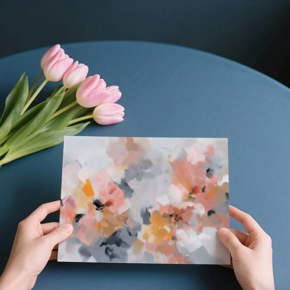 Abstract Impressionist Floral Mural Wallpaper — Soft Peach & Gray Mural Wallpaper - room preview 03