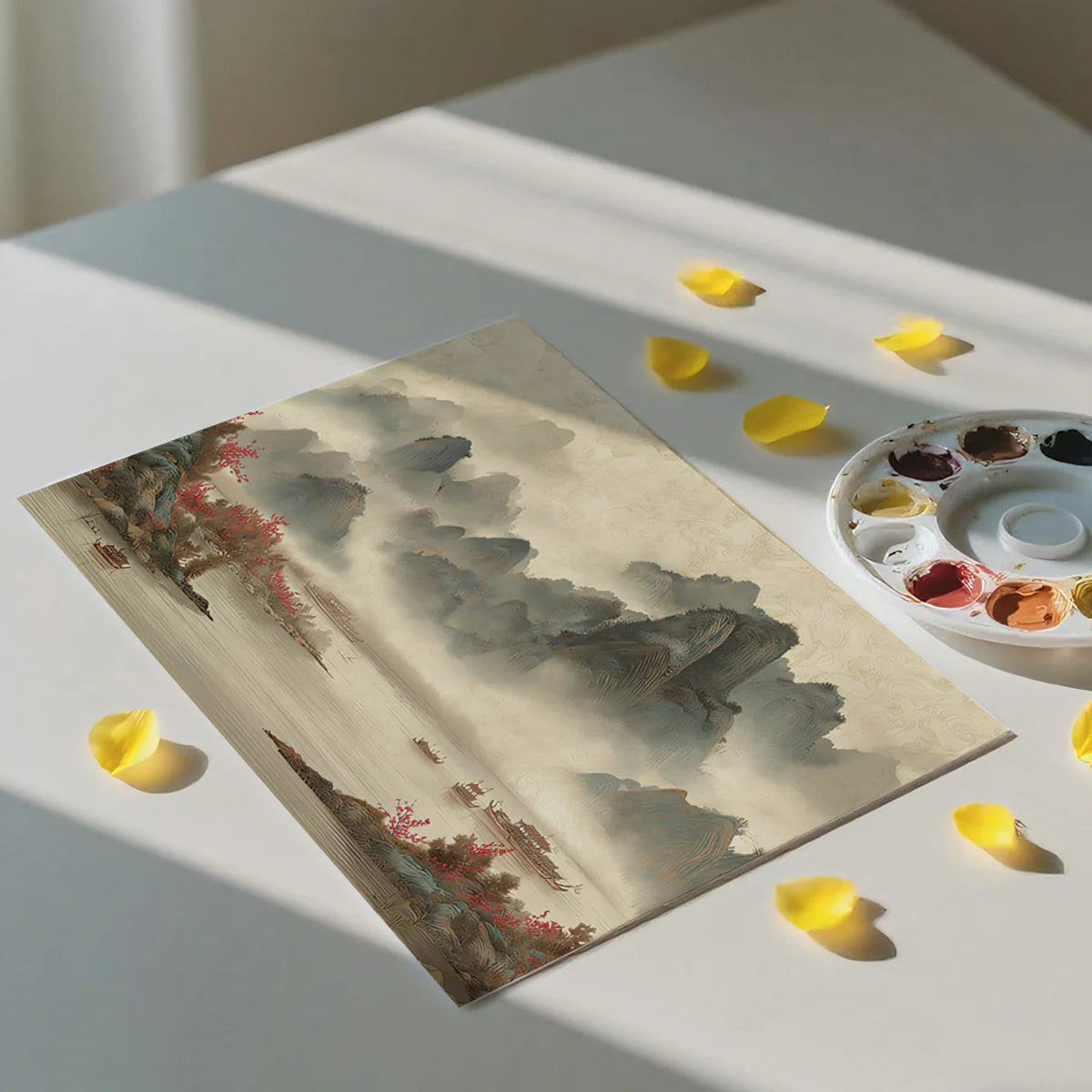 Misty River Landscape Mural Wallpaper — Traditional Ink Scenery Mural Wallpaper - room preview 03