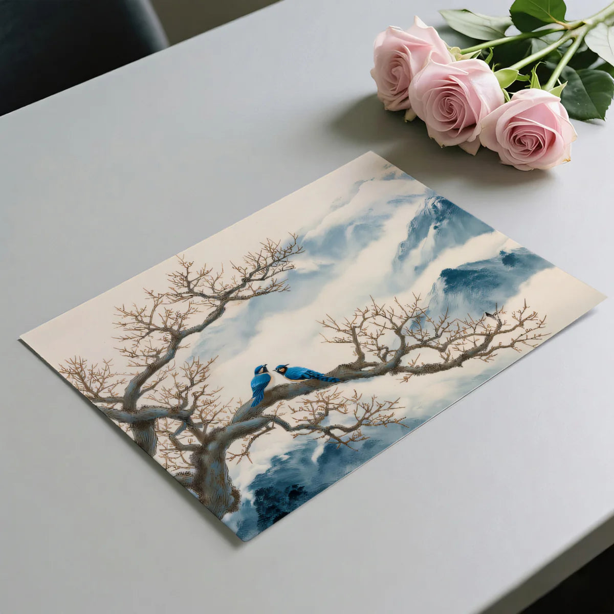 Blue Bird & Misty Mountain Ink Wash Mural Wallpaper - room preview 03
