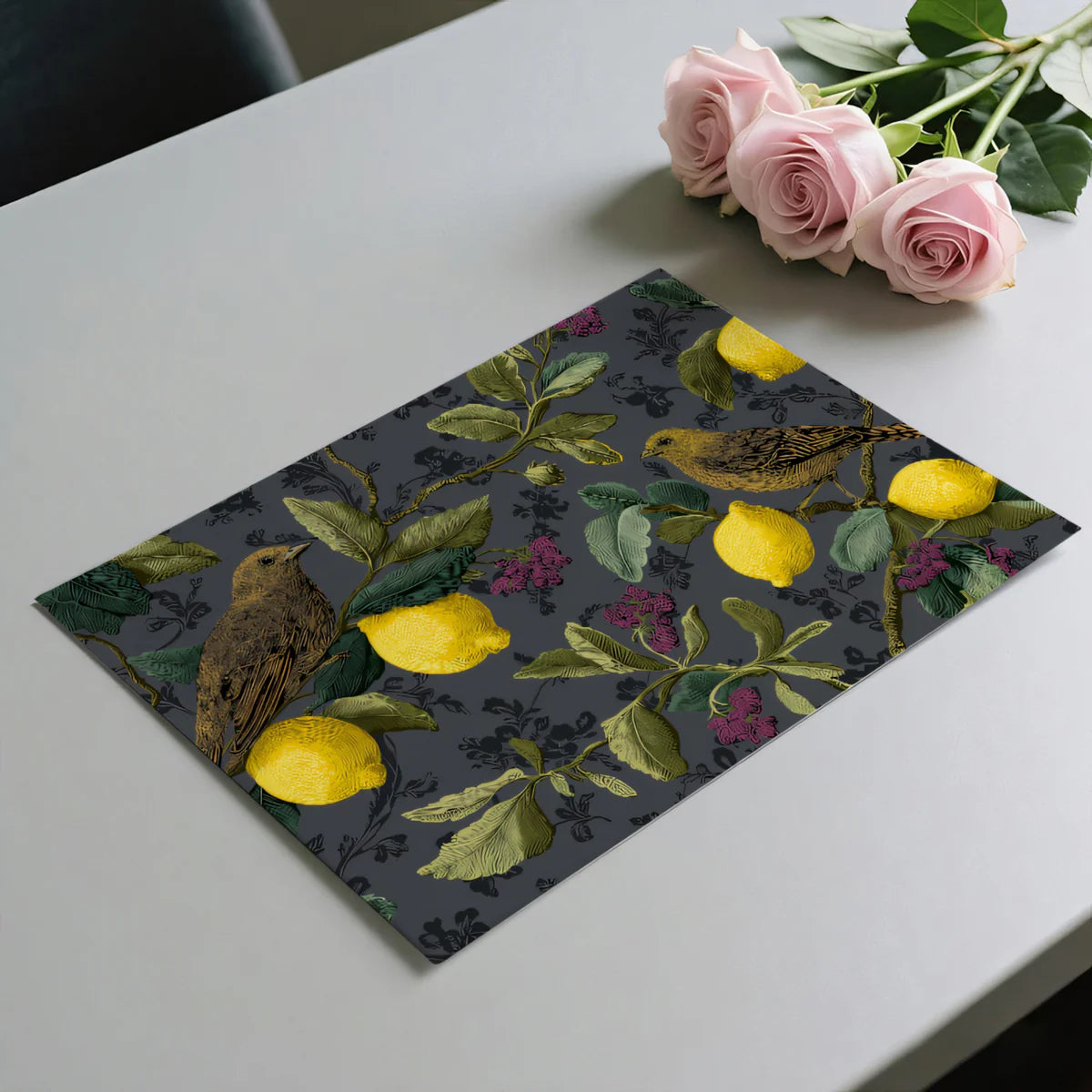 Vintage Lemon and Songbird Mural Wallpaper in Dark Charcoal Mural Wallpaper - room preview 03