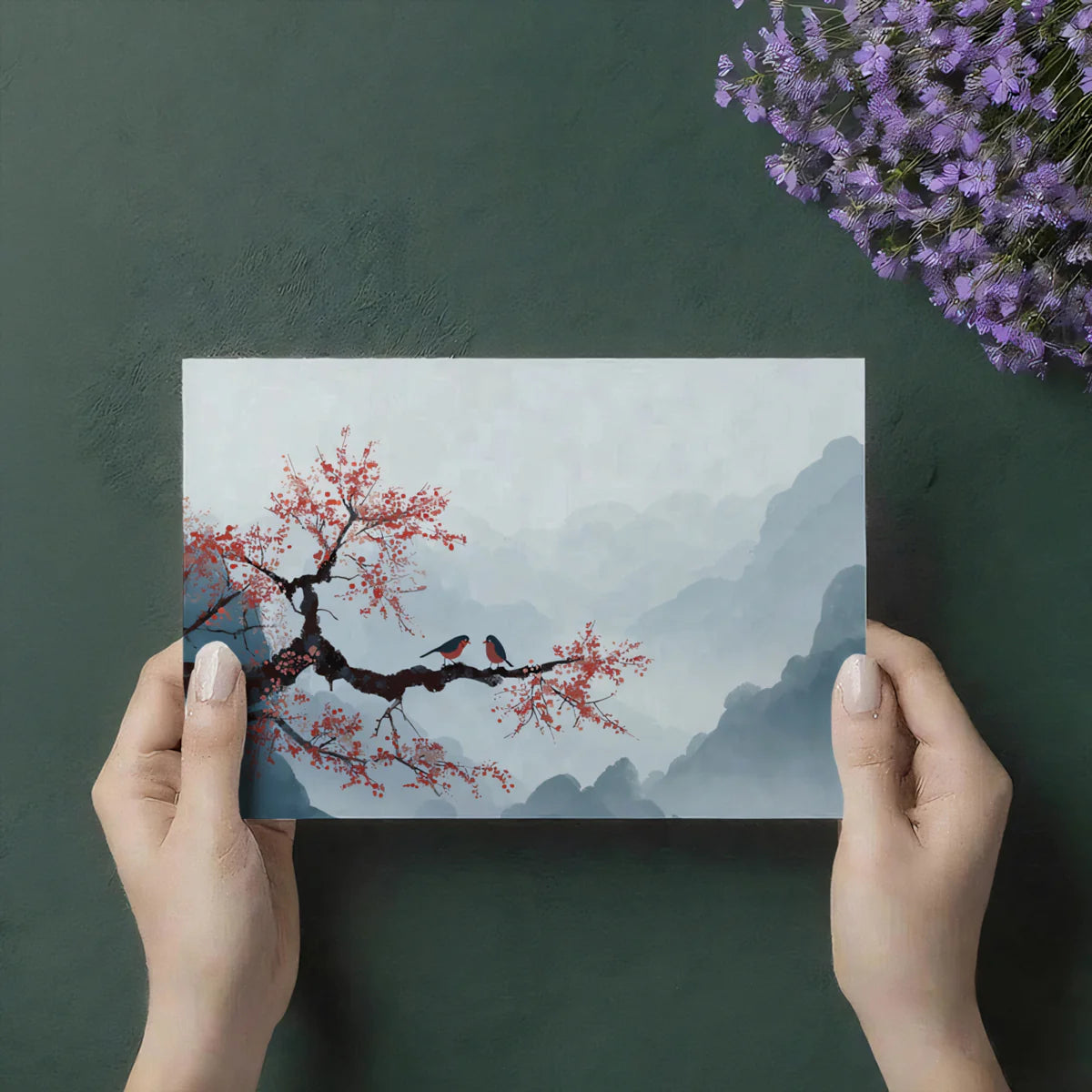 Cherry Blossom Mountain Mural Wallpaper — Ink Wash Style Landscape Mural Wallpaper - room preview 03