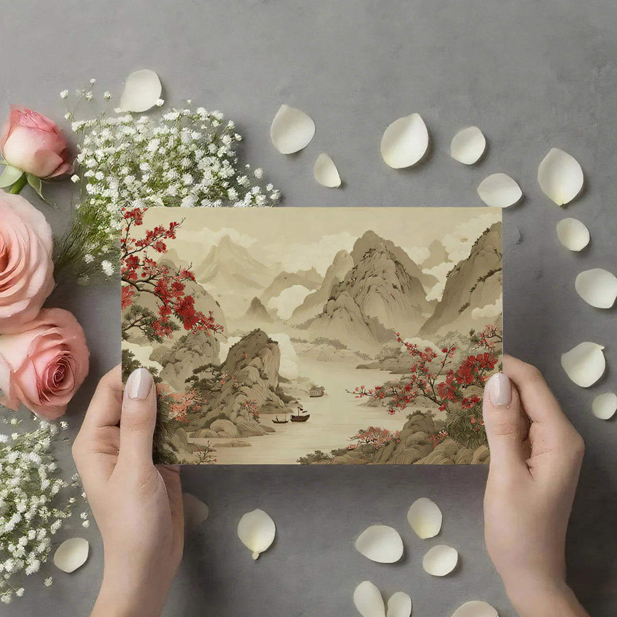 East Asian Landscape Mural Wallpaper — Red Blossom Mountain Scene Mural Wallpaper - room preview 03