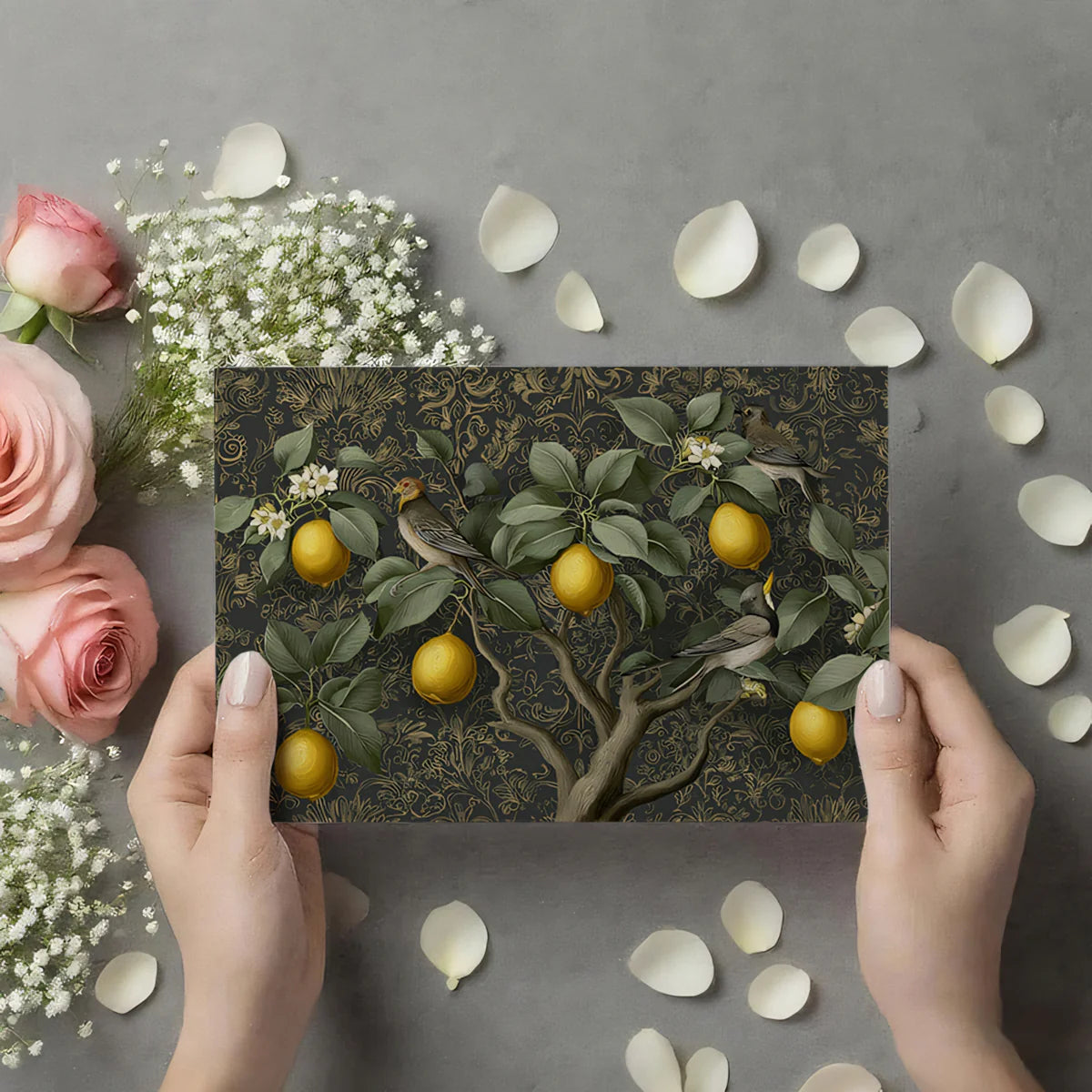 Lemon Tree Botanical Mural Wallpaper — Dark Damask Backdrop Mural Wallpaper - room preview 03